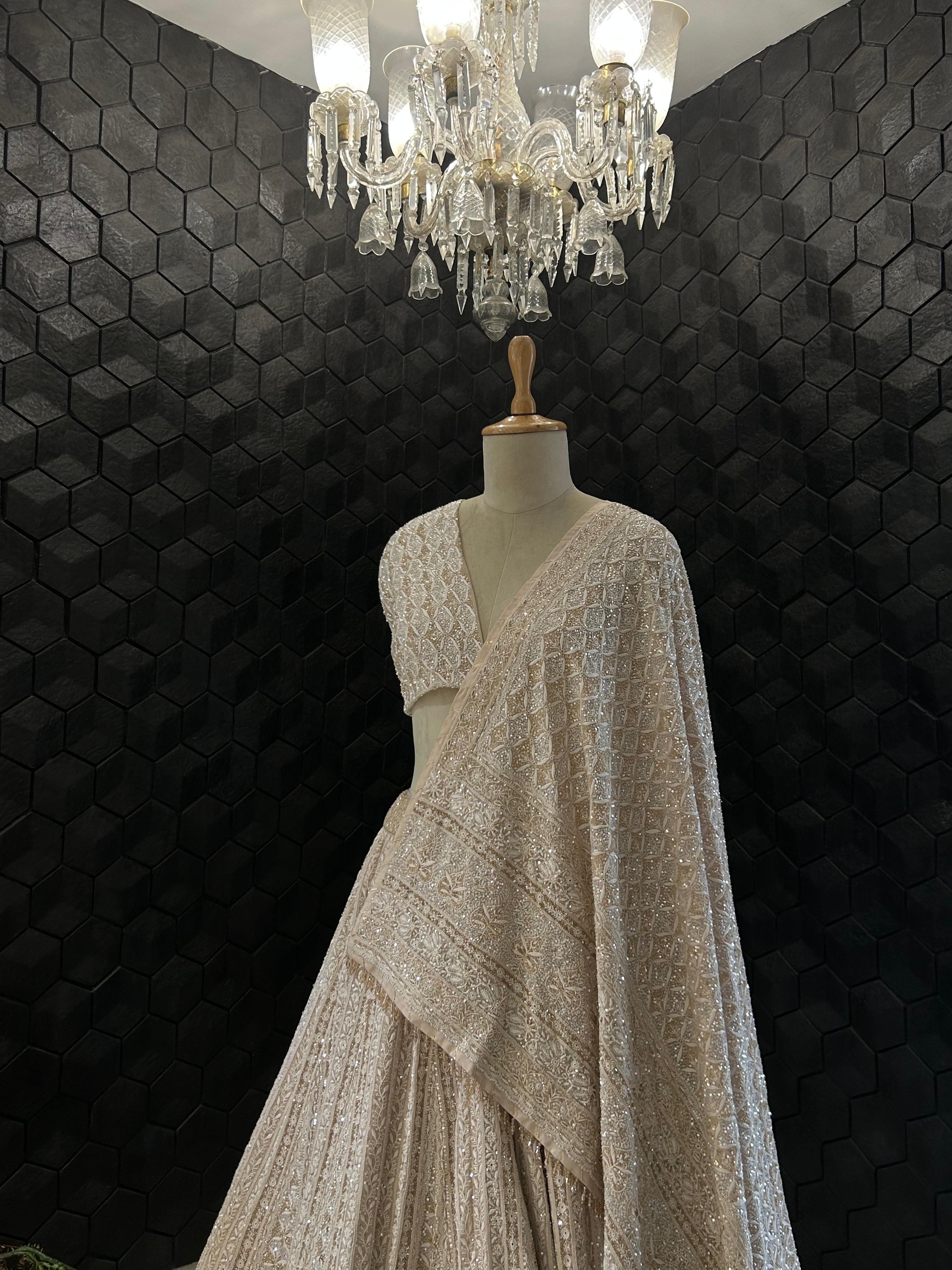 Beige georgette ek-taar chikankari lehenga set