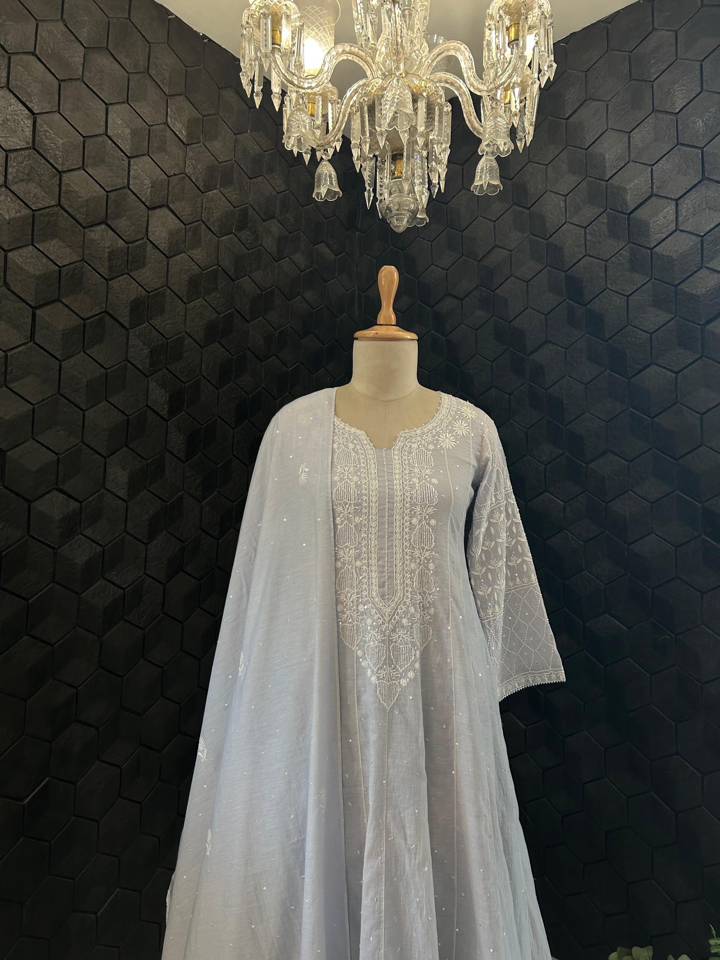 Rashmika Mandana in Powder Blue Chanderi Chikankari Anarkali Set