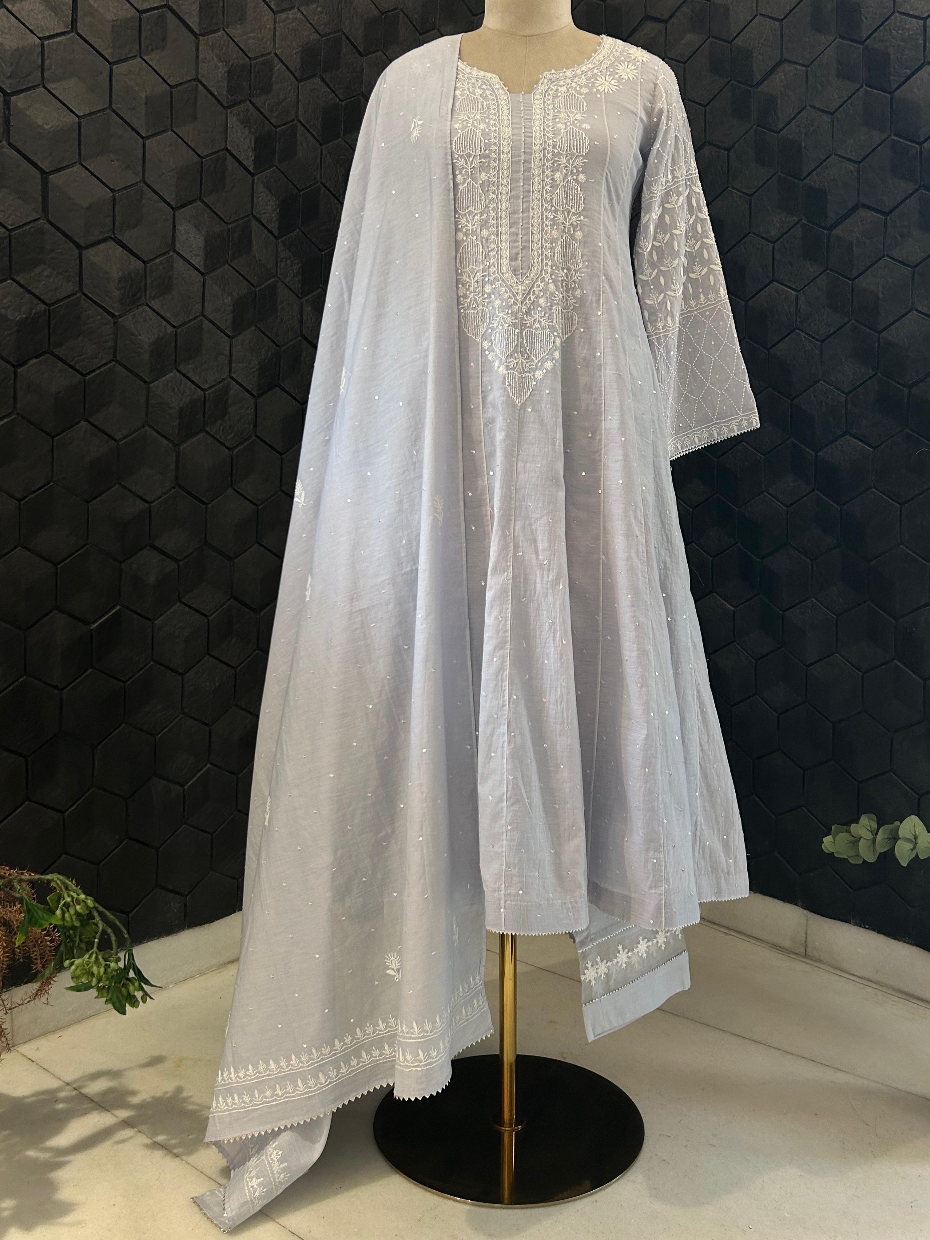 Rashmika Mandana in Powder Blue Chanderi Chikankari Anarkali Set