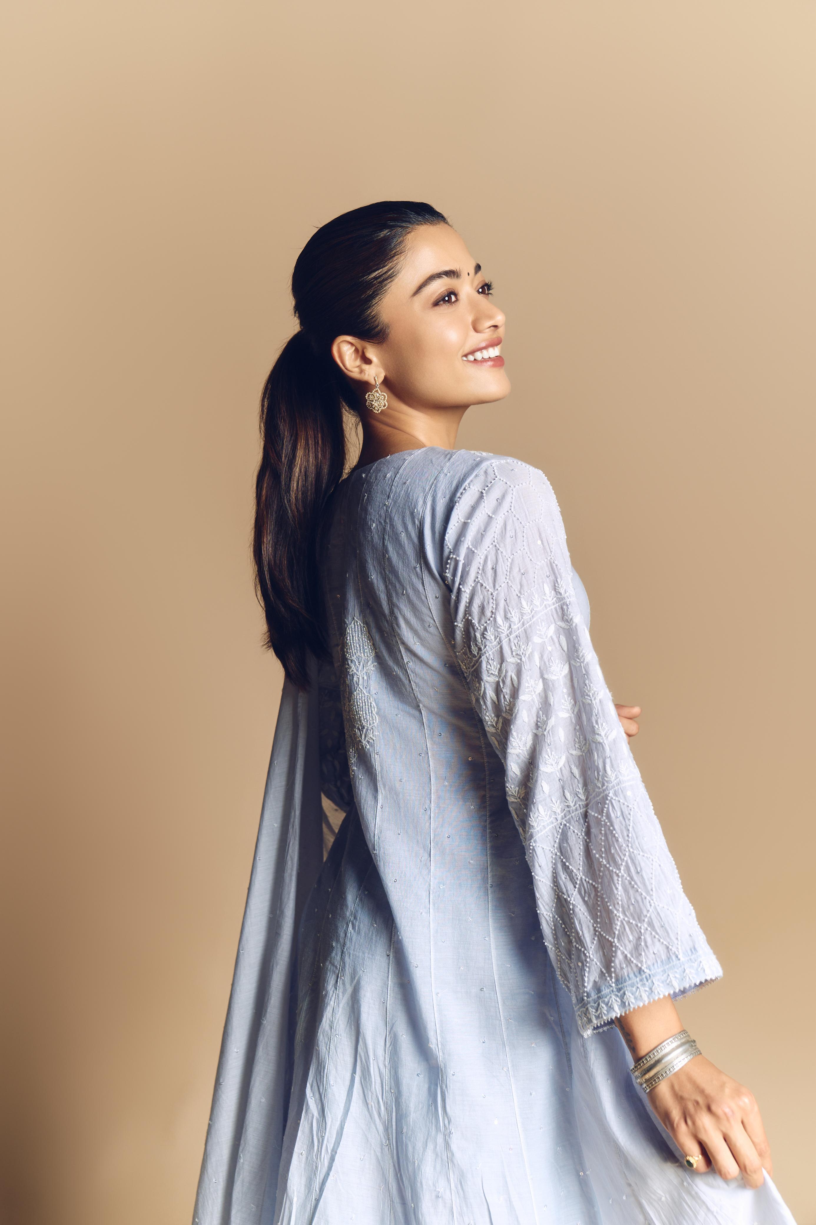 Rashmika Mandana in Powder Blue Chanderi Chikankari Anarkali Set