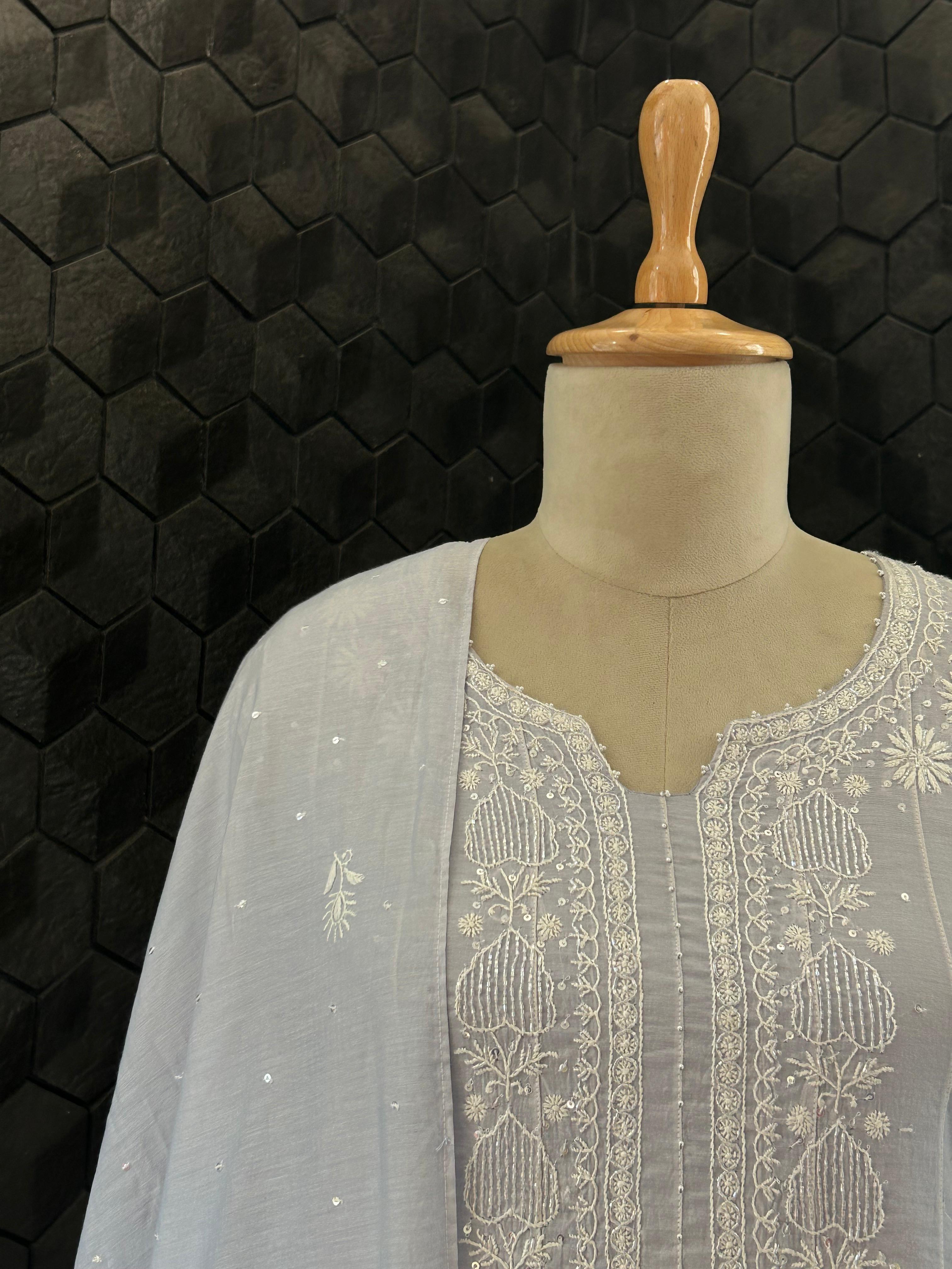 Rashmika Mandana in Powder Blue Chanderi Chikankari Anarkali Set