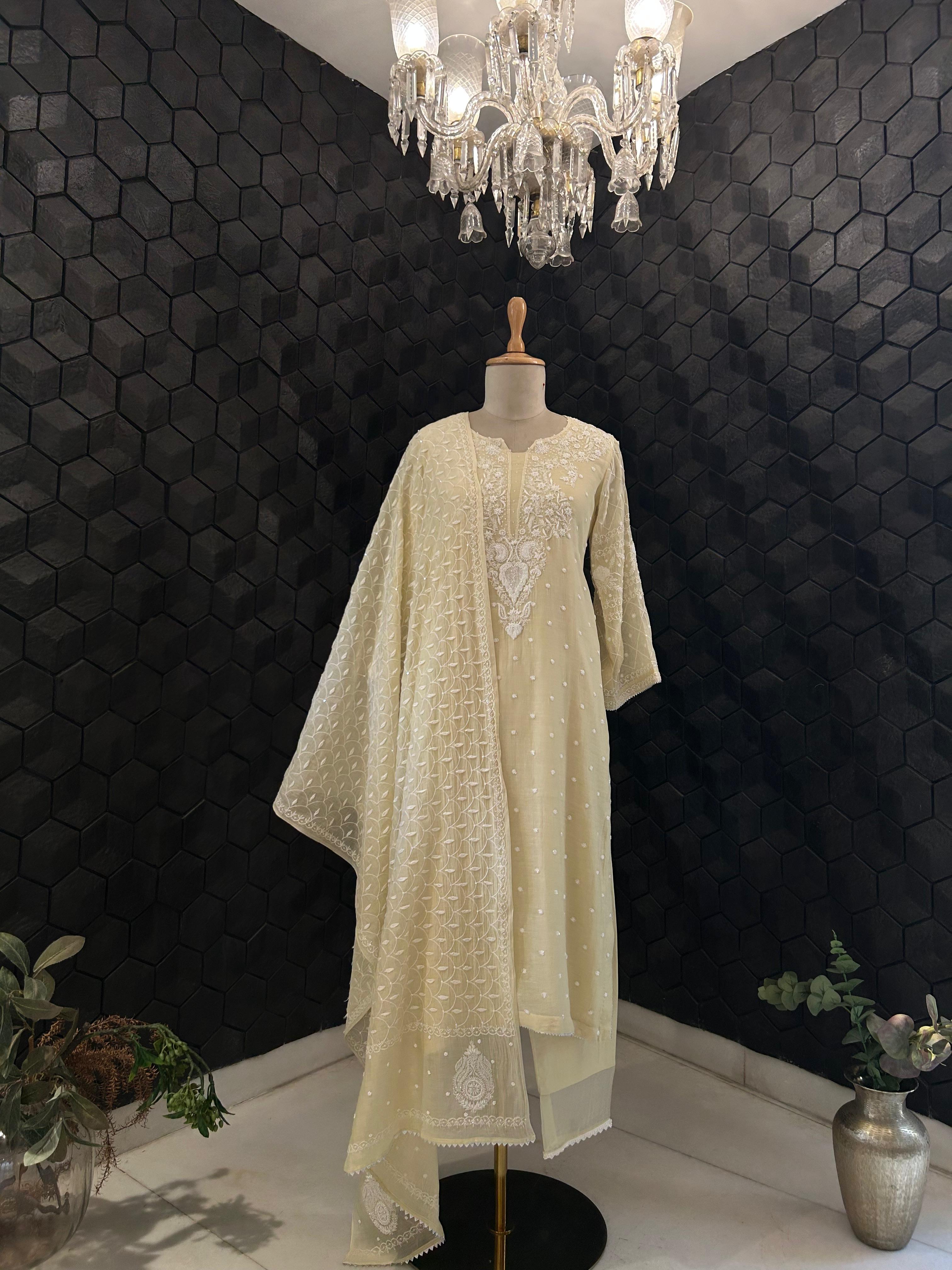 Rashmika Mandana in Mul Chanderi Chikankari Kurta Set