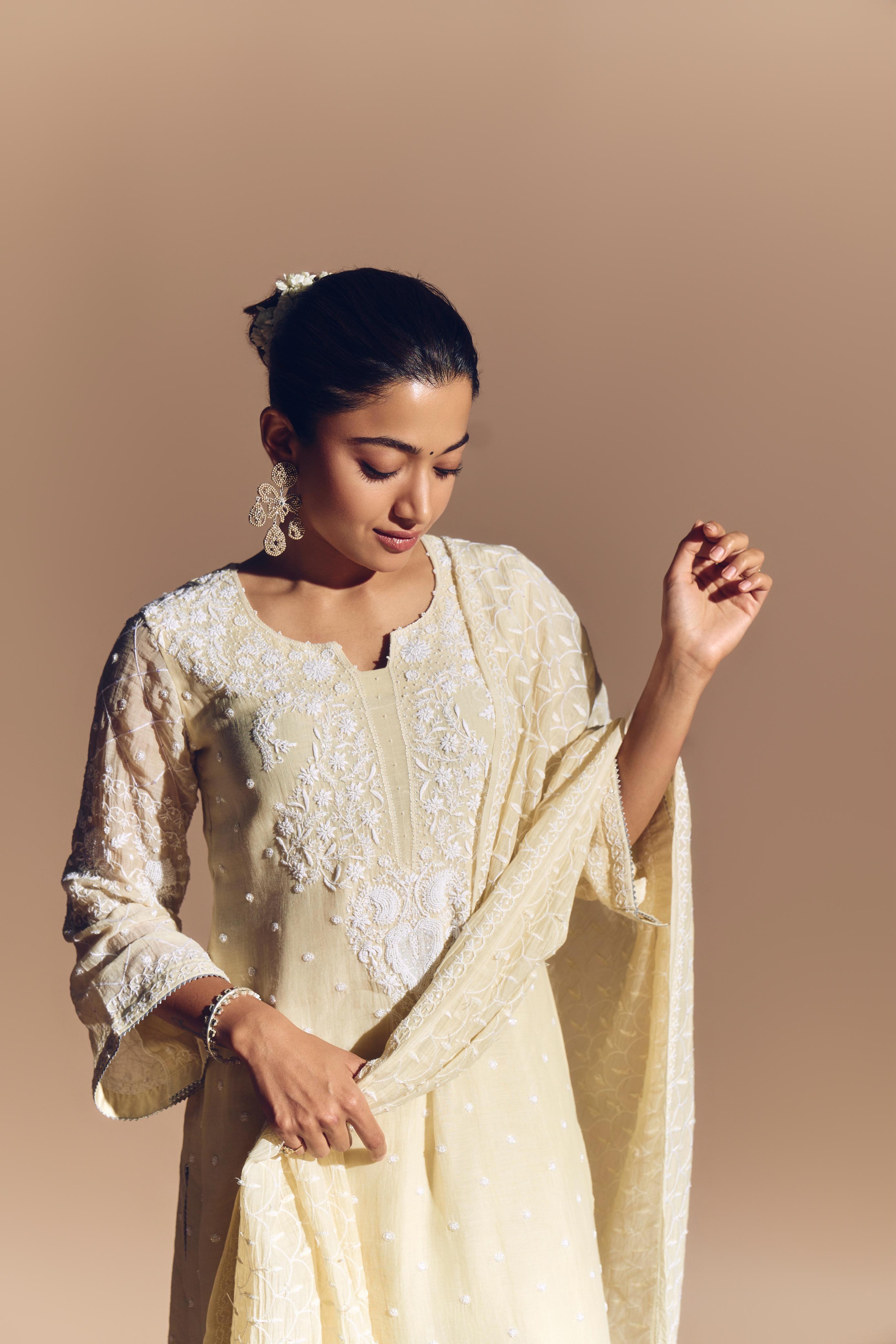 Rashmika Mandana in Mul Chanderi Chikankari Kurta Set