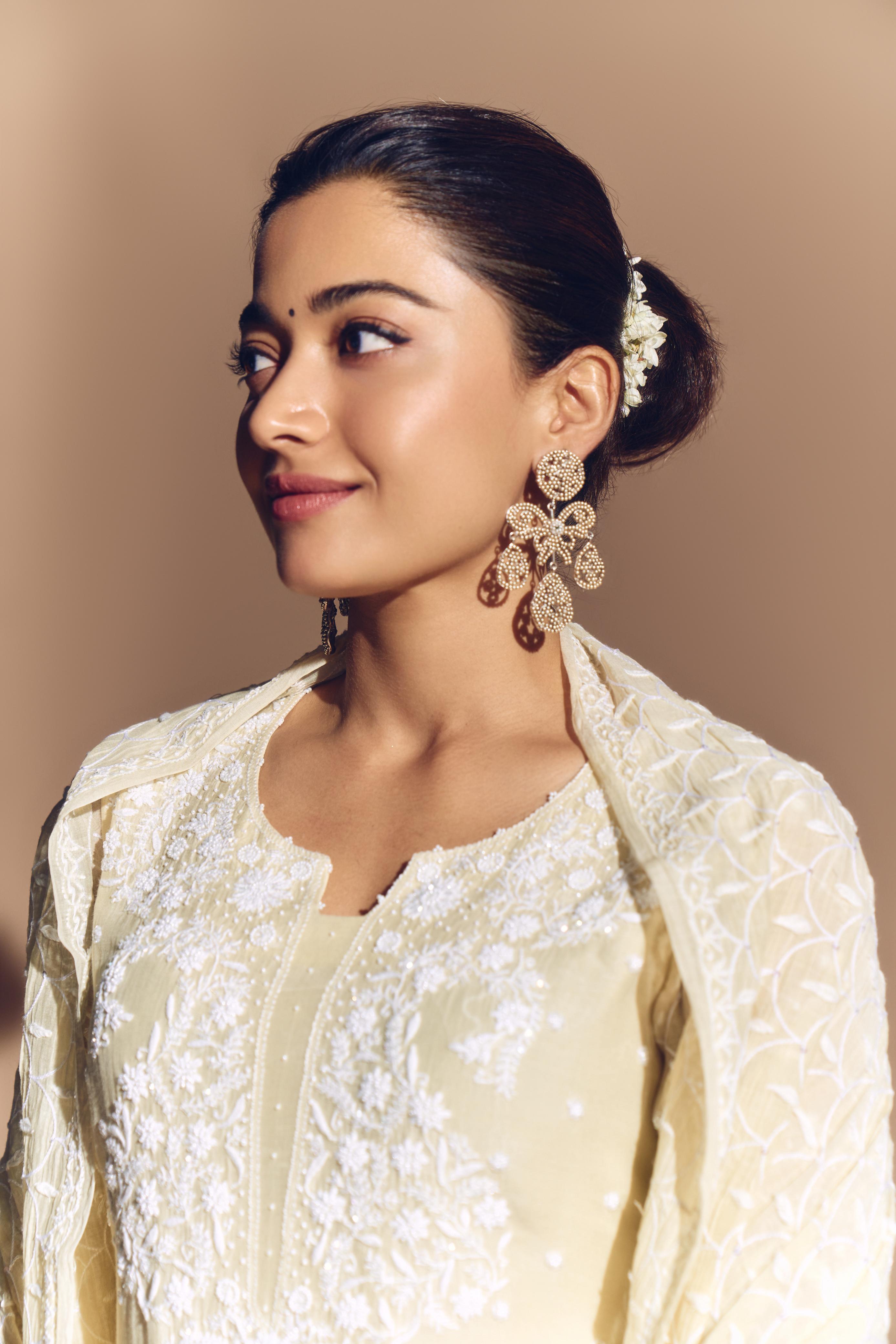Rashmika Mandana in Mul Chanderi Chikankari Kurta Set