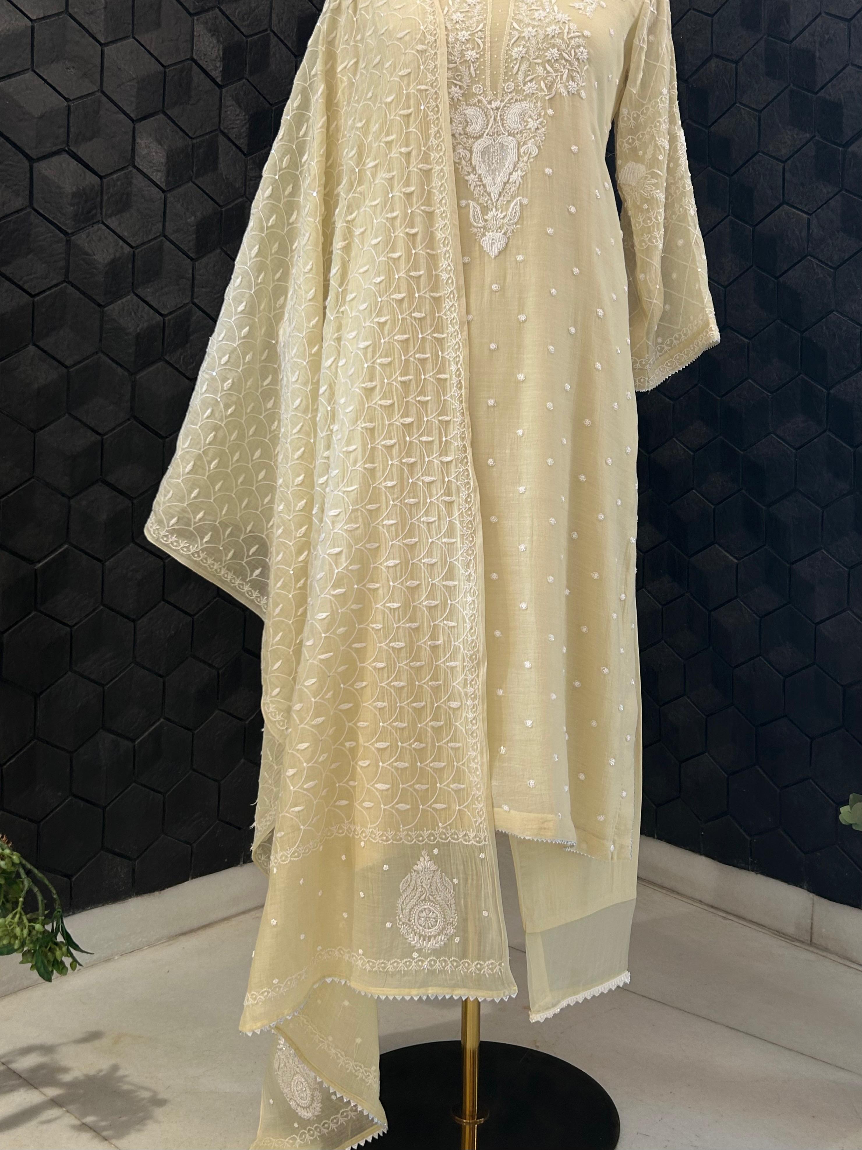 Rashmika Mandana in Mul Chanderi Chikankari Kurta Set