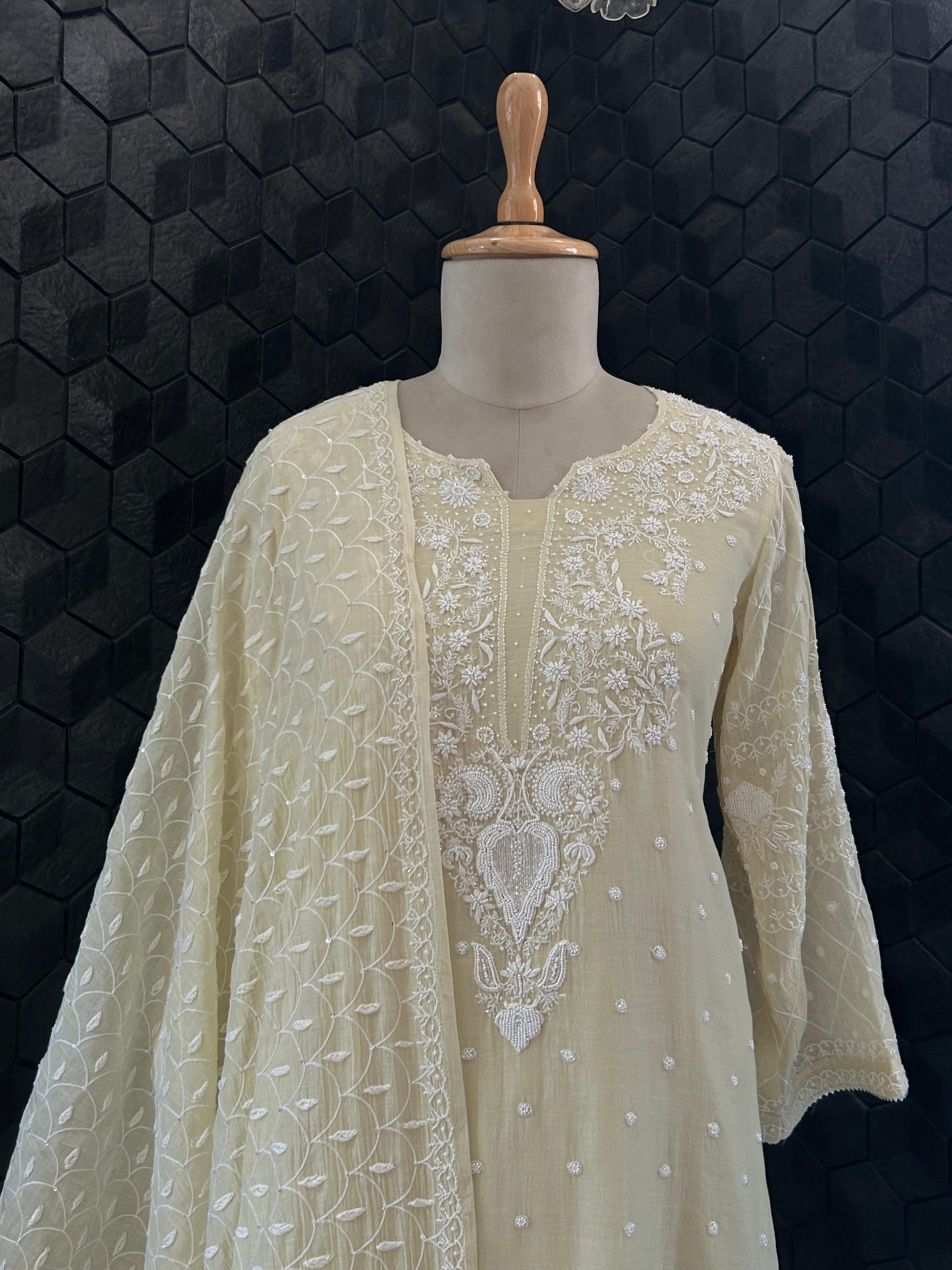 Rashmika Mandana in Mul Chanderi Chikankari Kurta Set