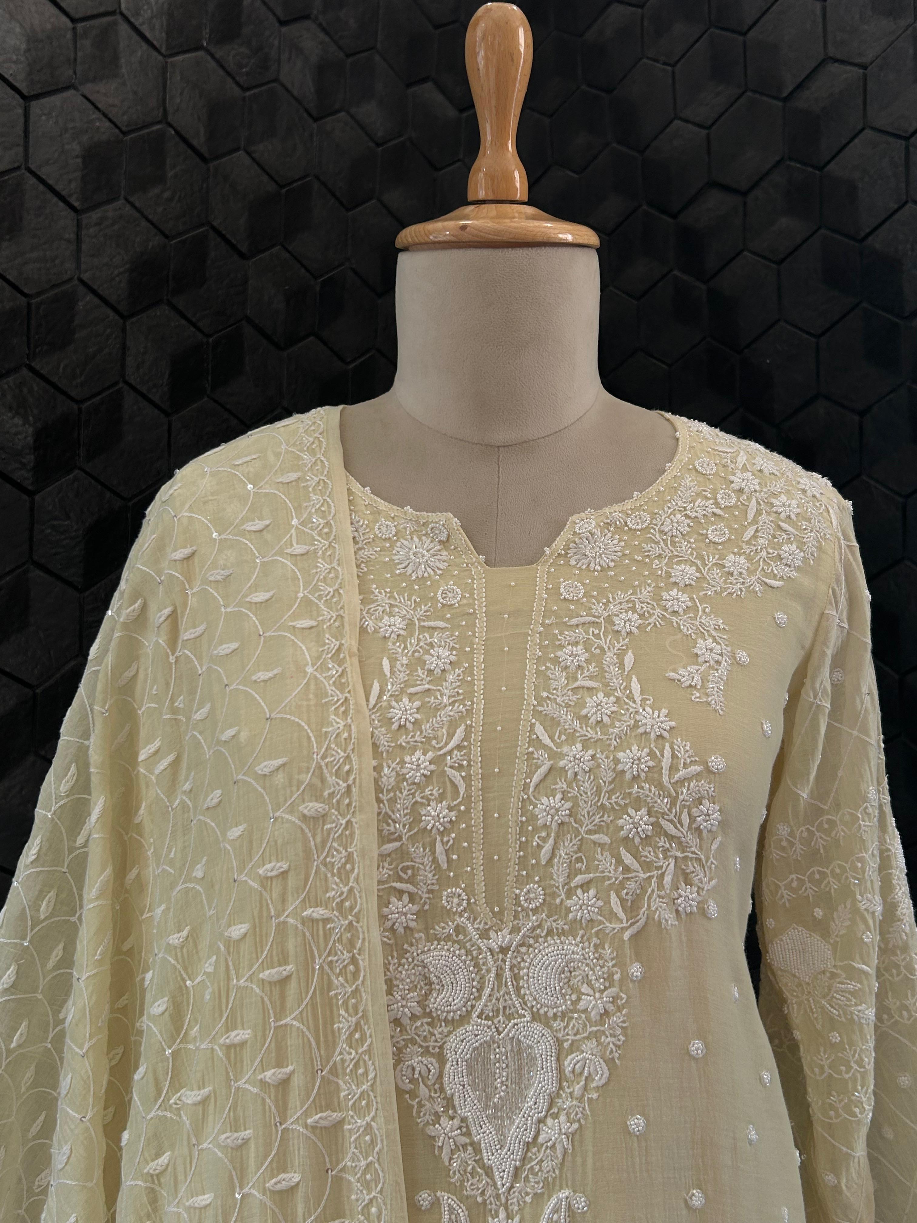 Rashmika Mandana in Mul Chanderi Chikankari Kurta Set