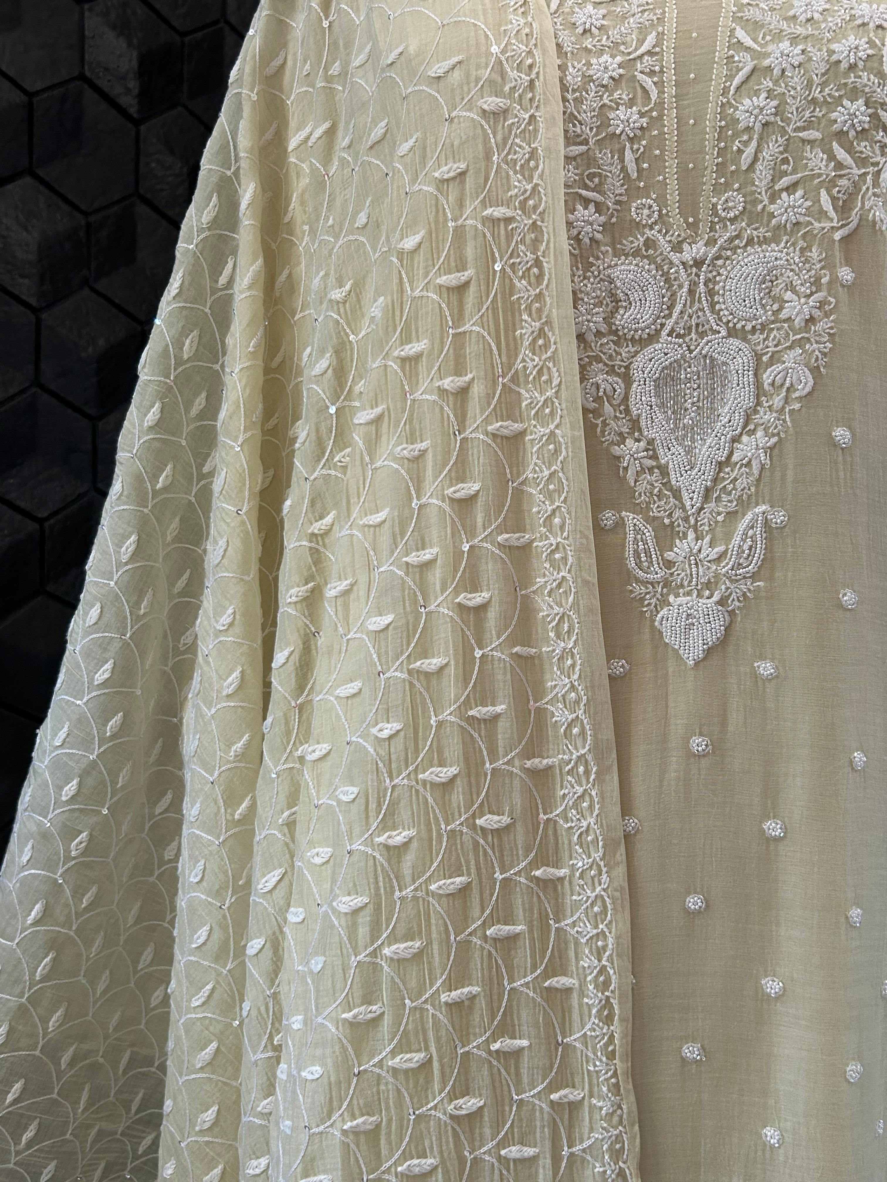 Rashmika Mandana in Mul Chanderi Chikankari Kurta Set