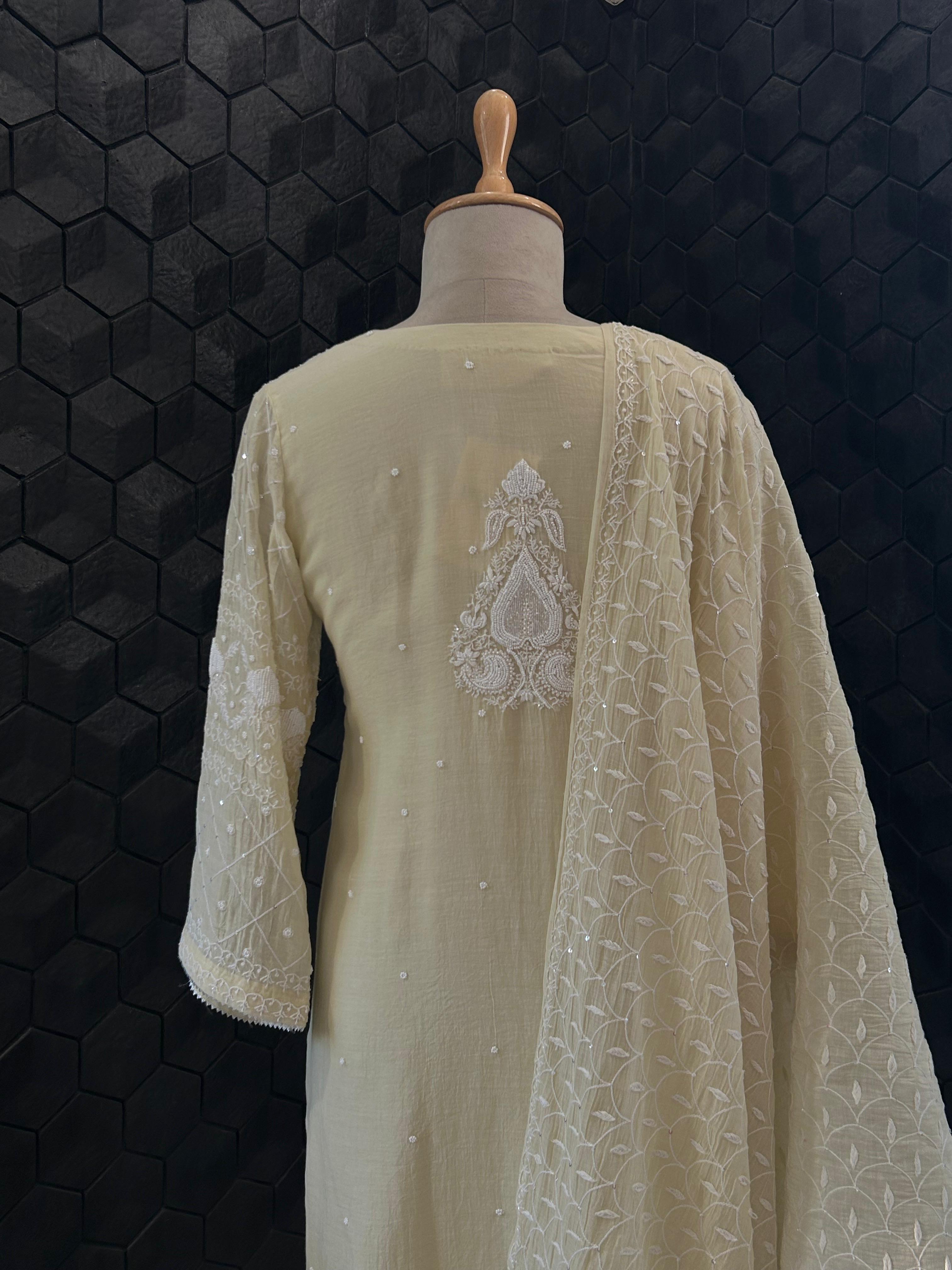 Rashmika Mandana in Mul Chanderi Chikankari Kurta Set