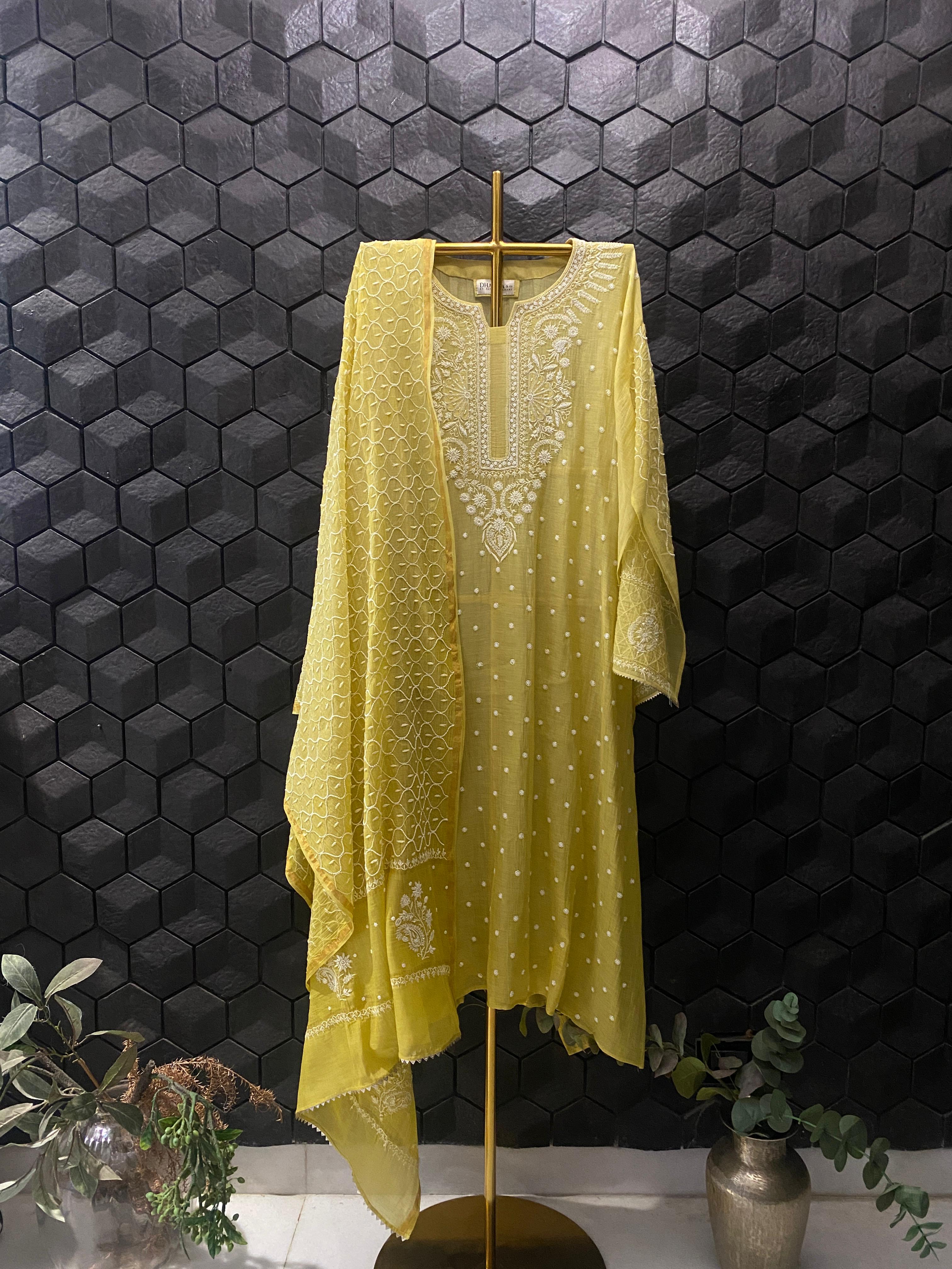 Green Mul Chanderi Chikankari Kurta Set