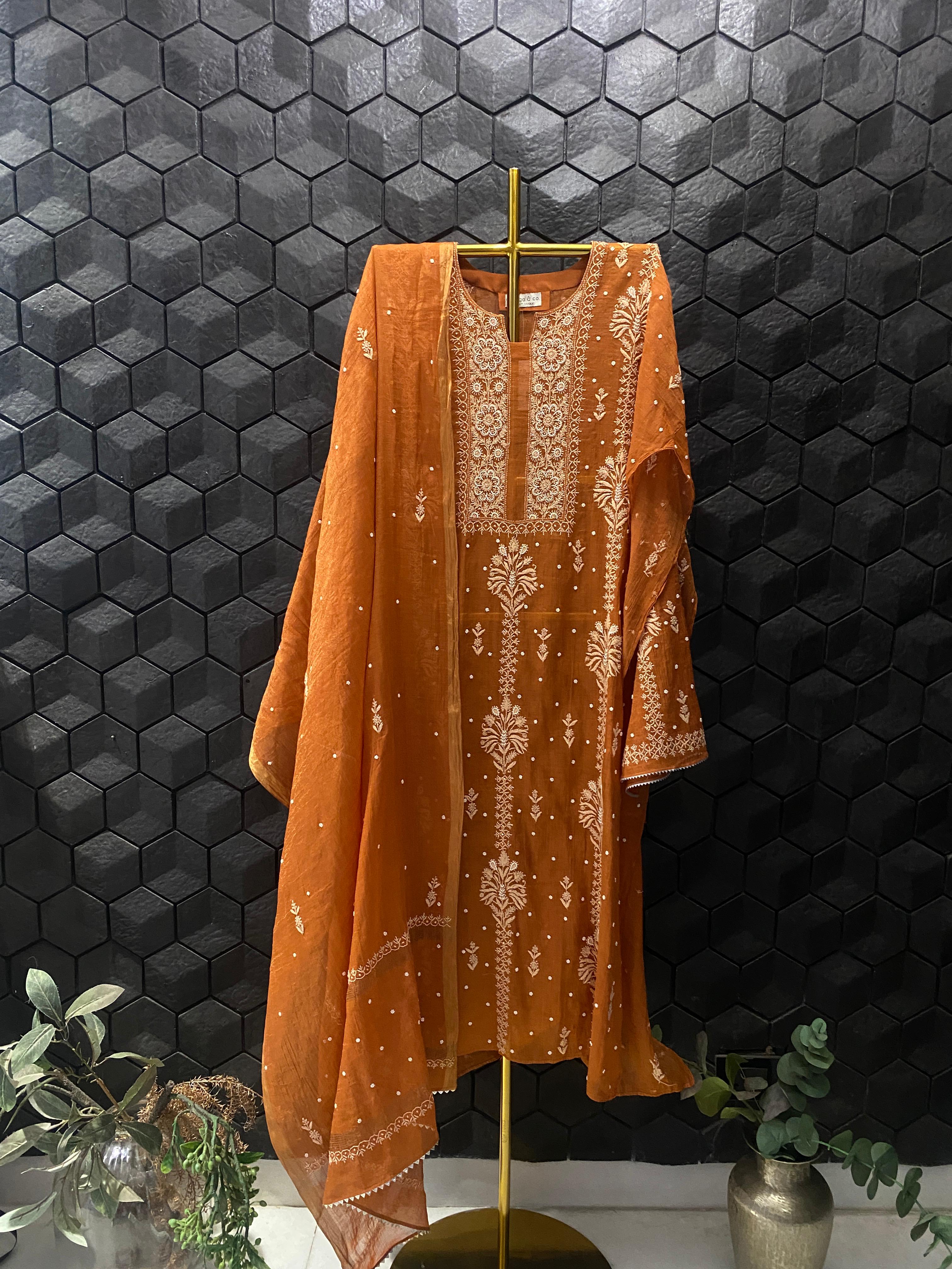 Orange Golden Tissue Chikankari Kurta Set
