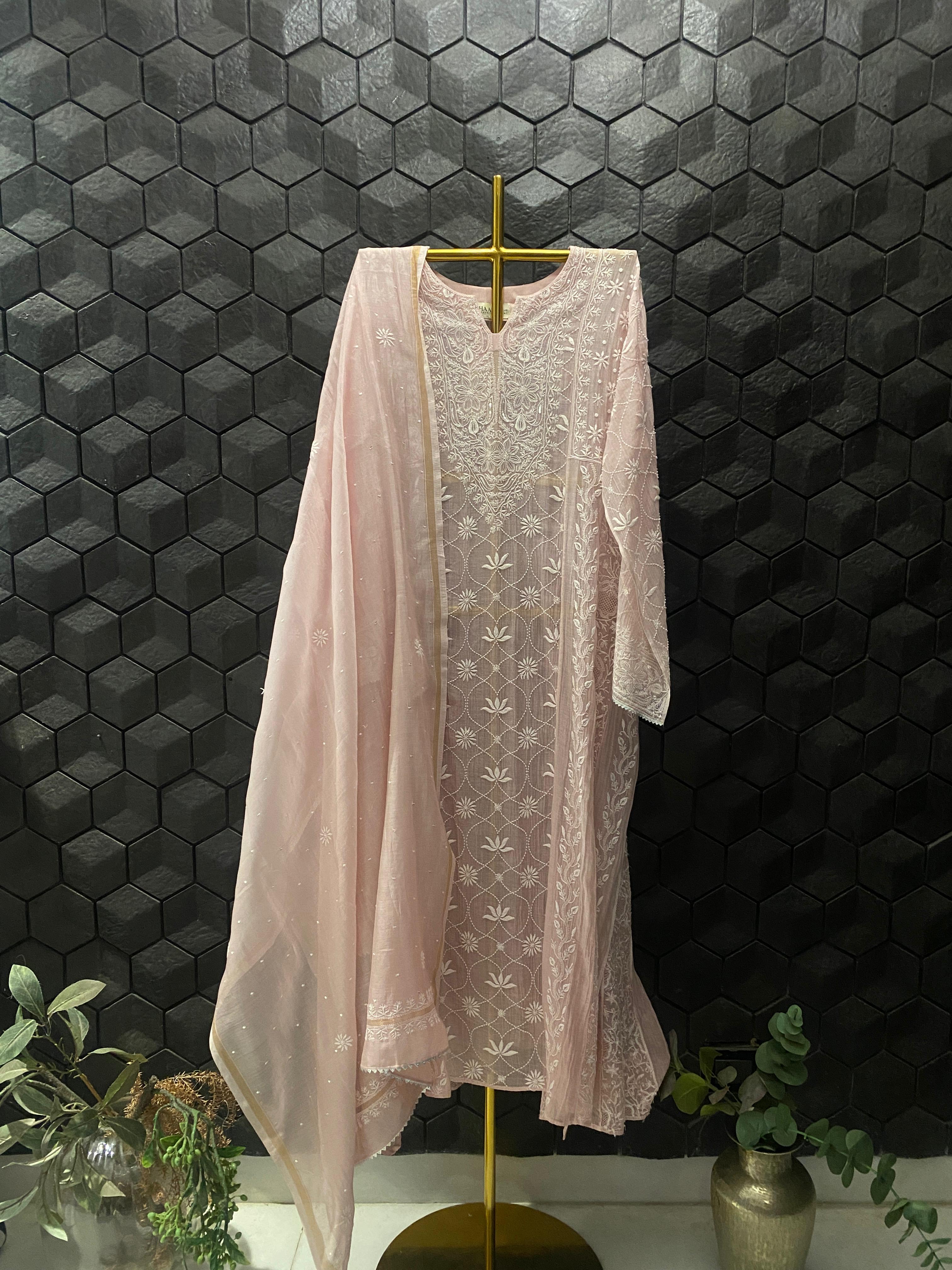 Pink Mul Chanderi Chikankari Anarkali Set