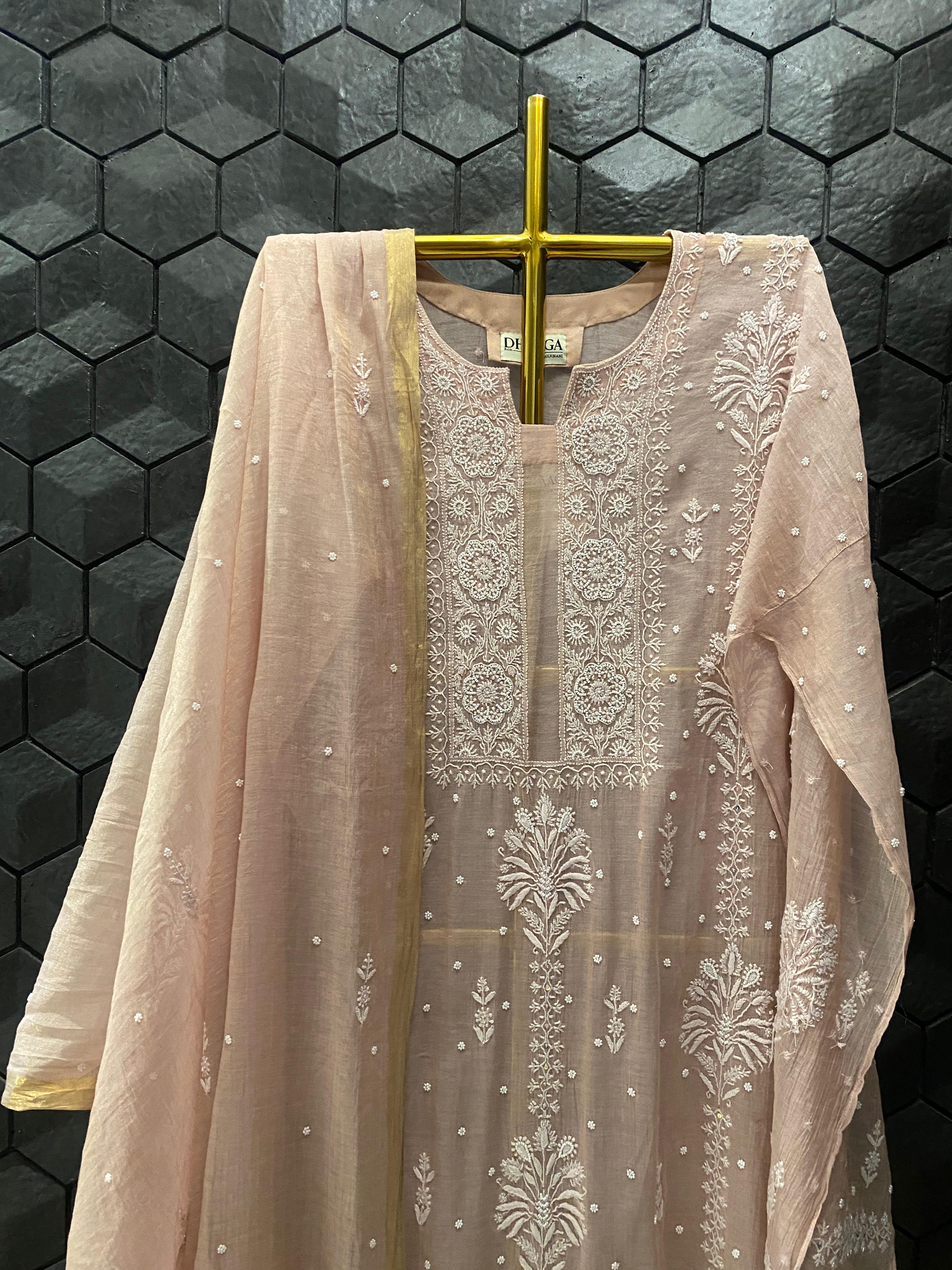 Peach Golden Tissue Chikankari Kurta Set