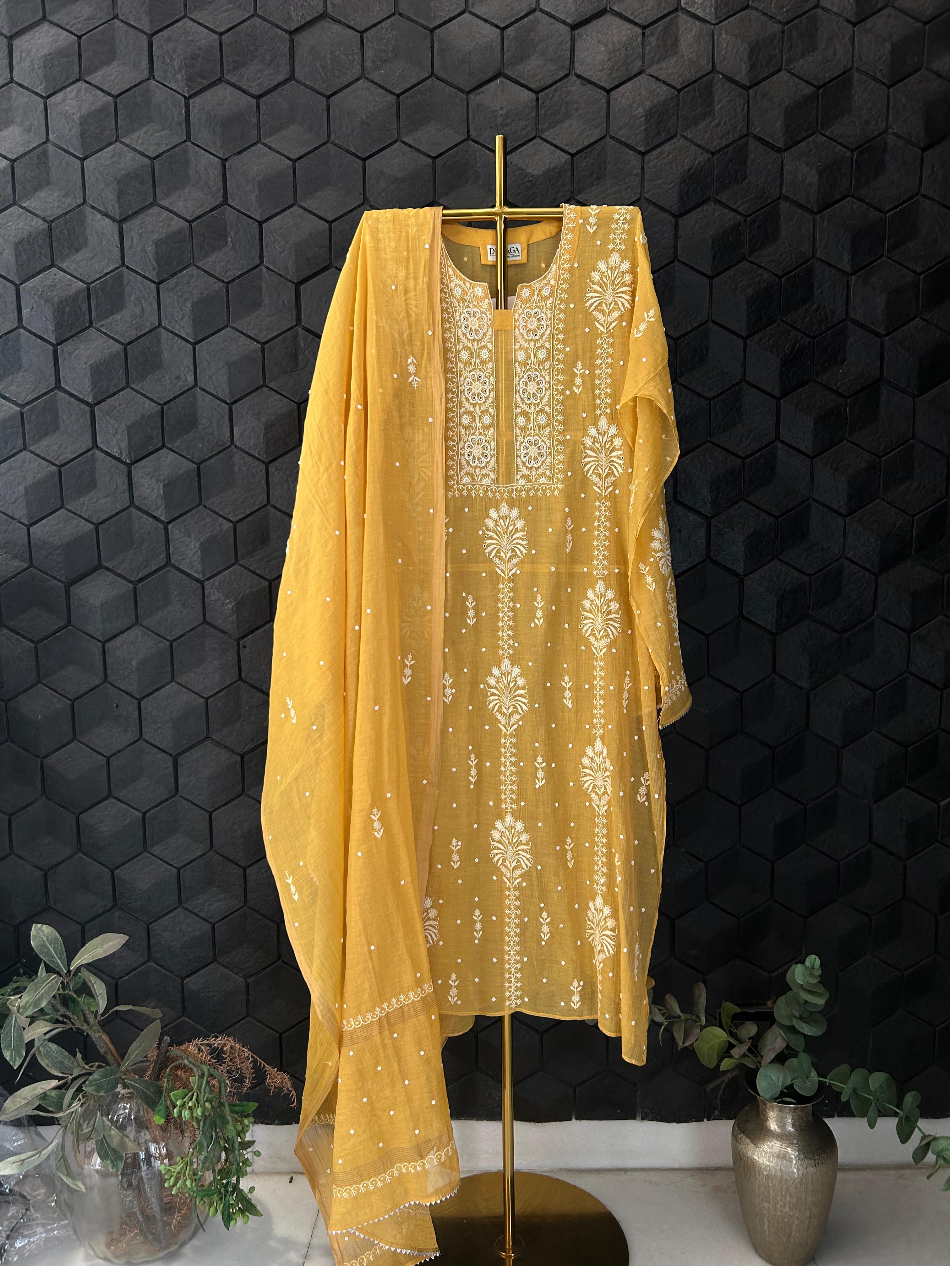 Mustard Golden Tissue Chikankari Kurta Set
