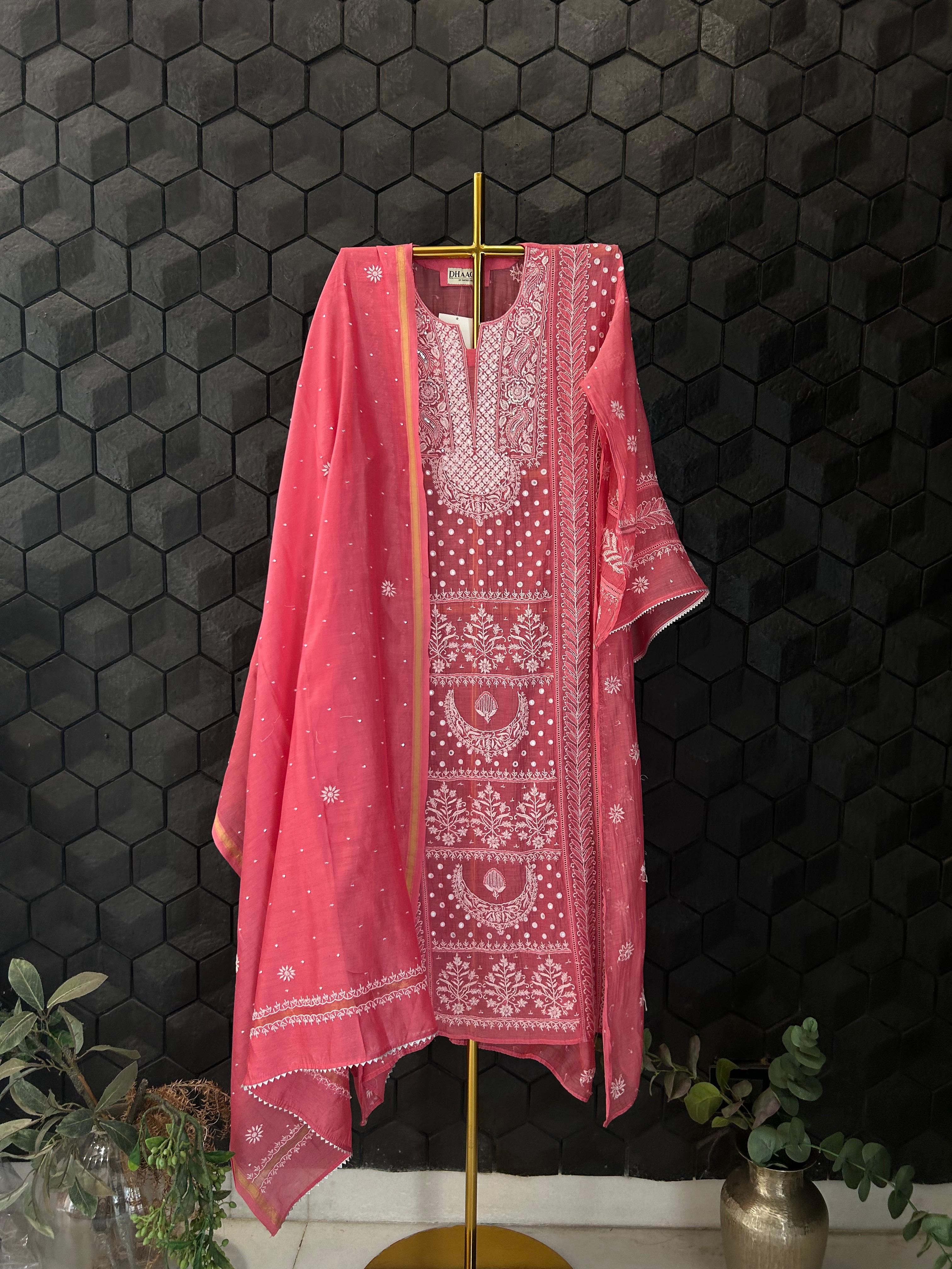 Pink Mirror Mul Chanderi Chikankari Kurta Set