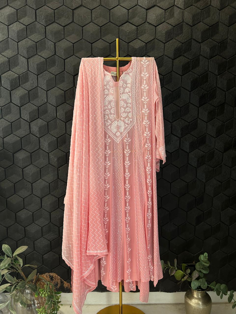 Pink Georgette Chikankari Kurta Set