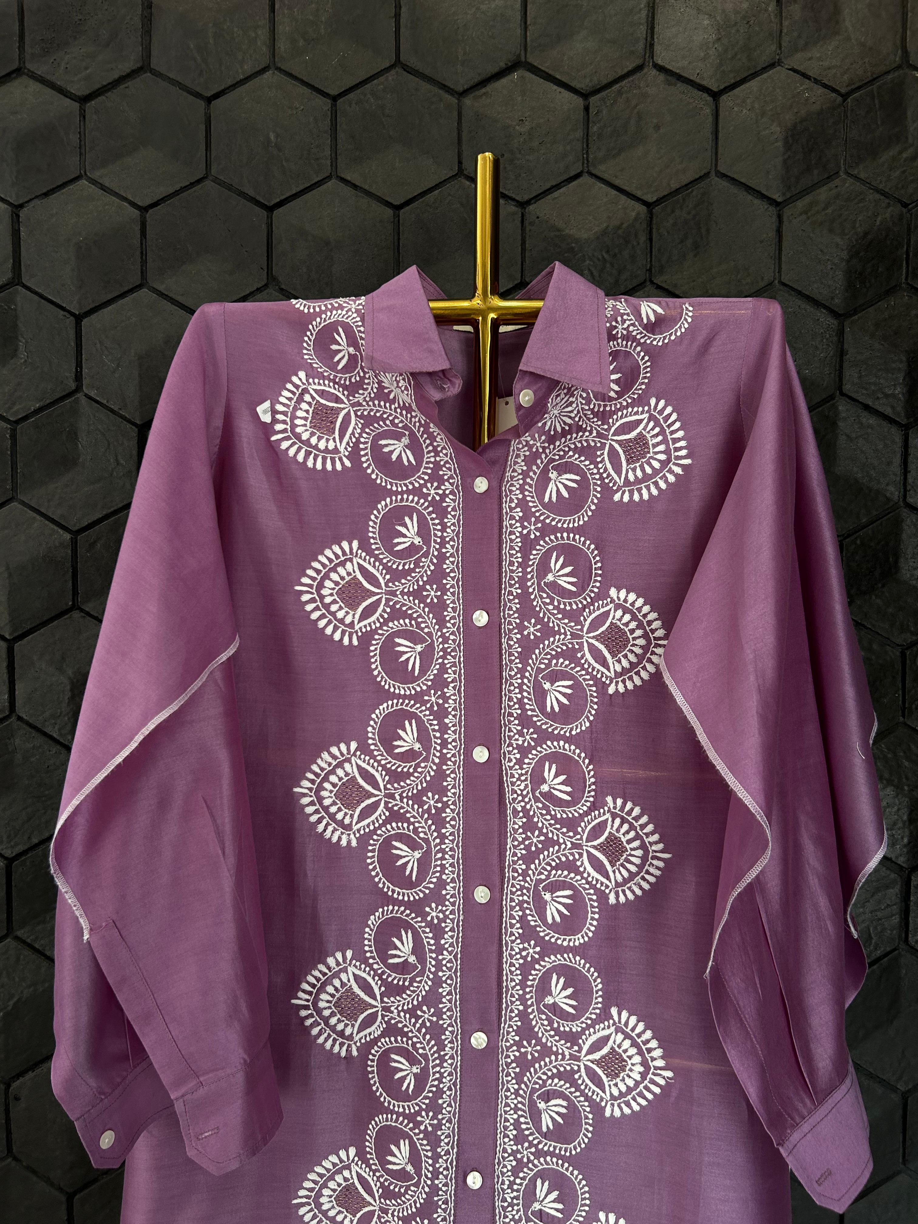 PURPLE CHANDERI CHIKANKARI SHIRT