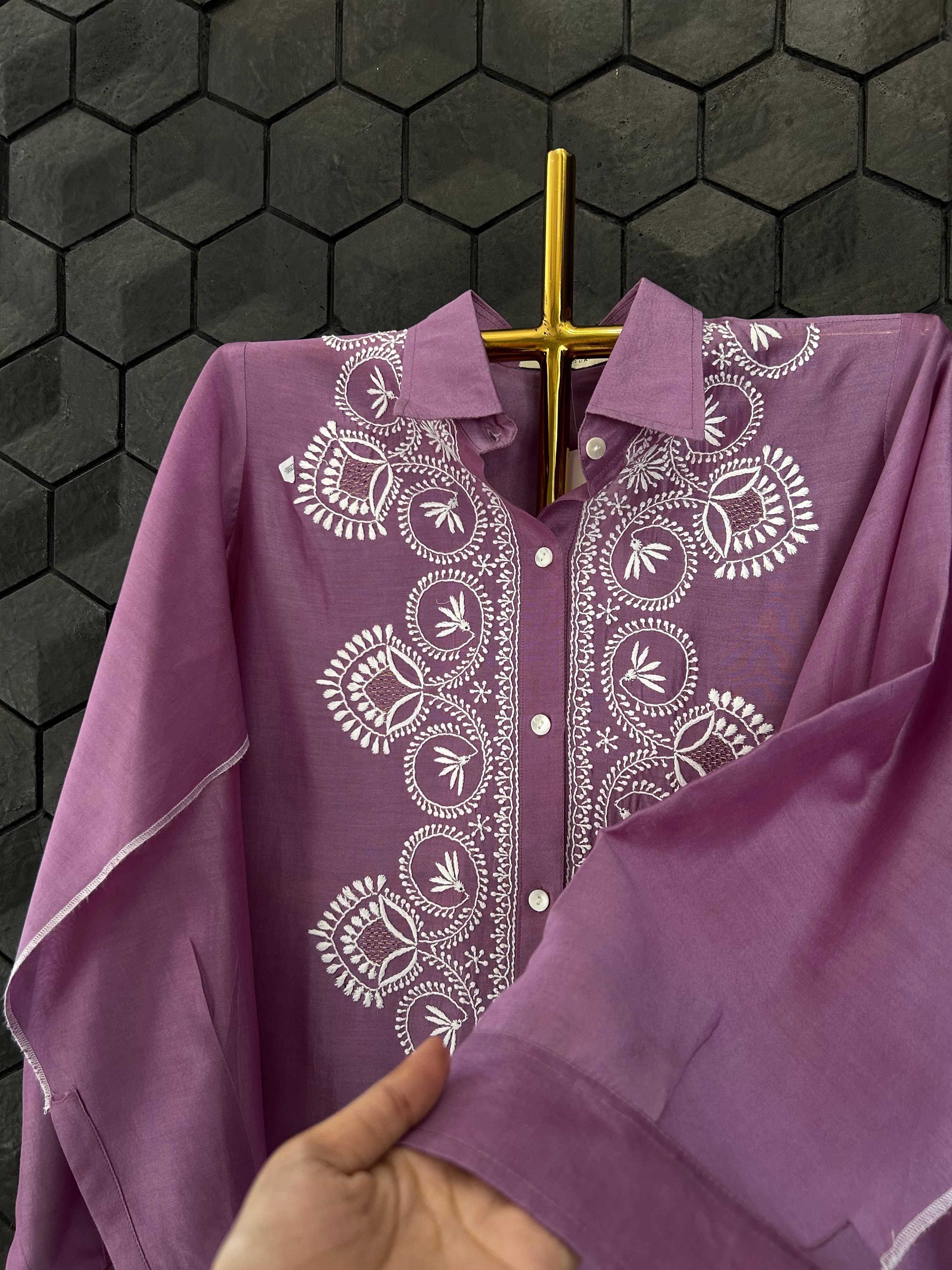 PURPLE CHANDERI CHIKANKARI SHIRT