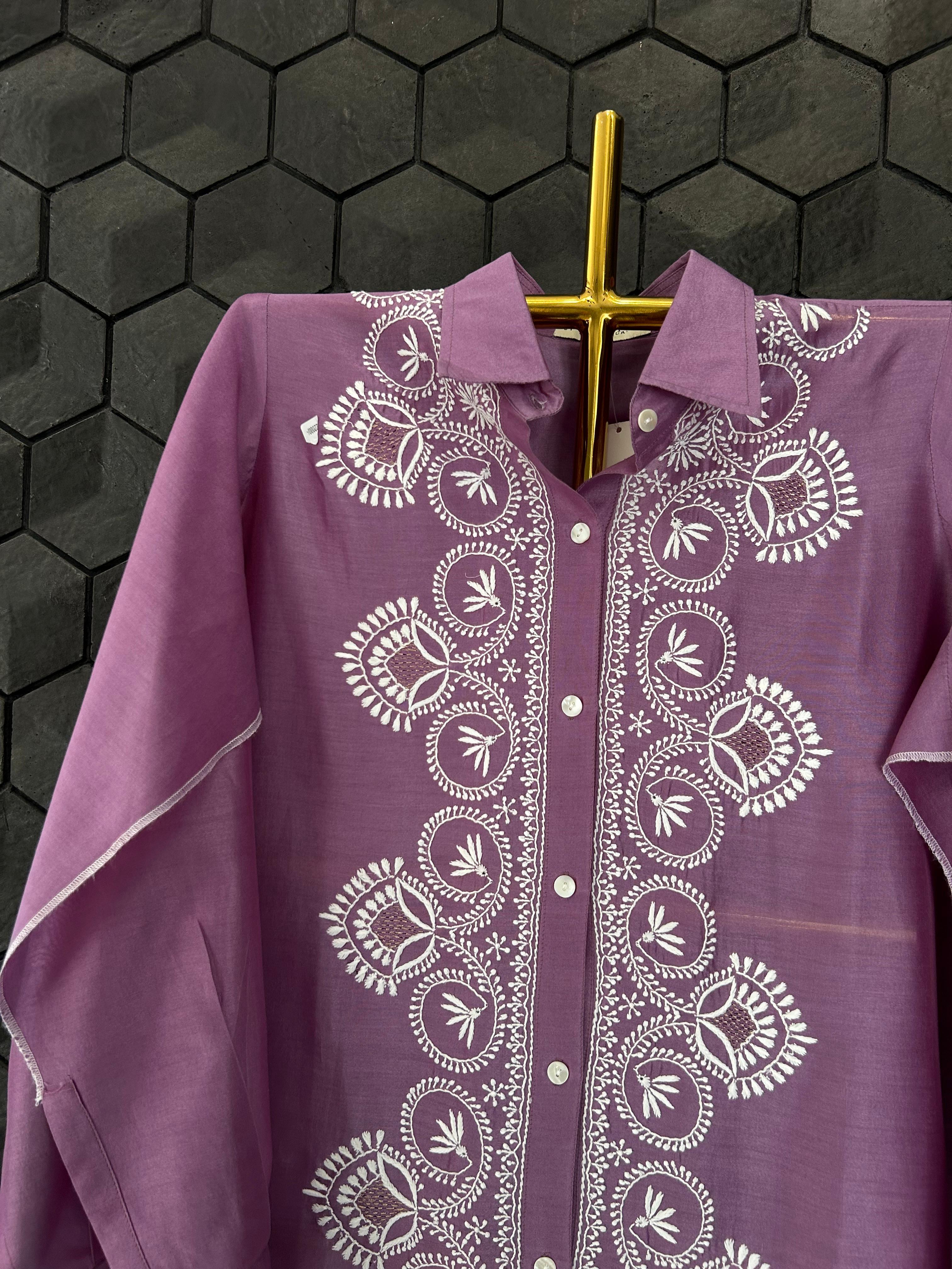 PURPLE CHANDERI CHIKANKARI SHIRT