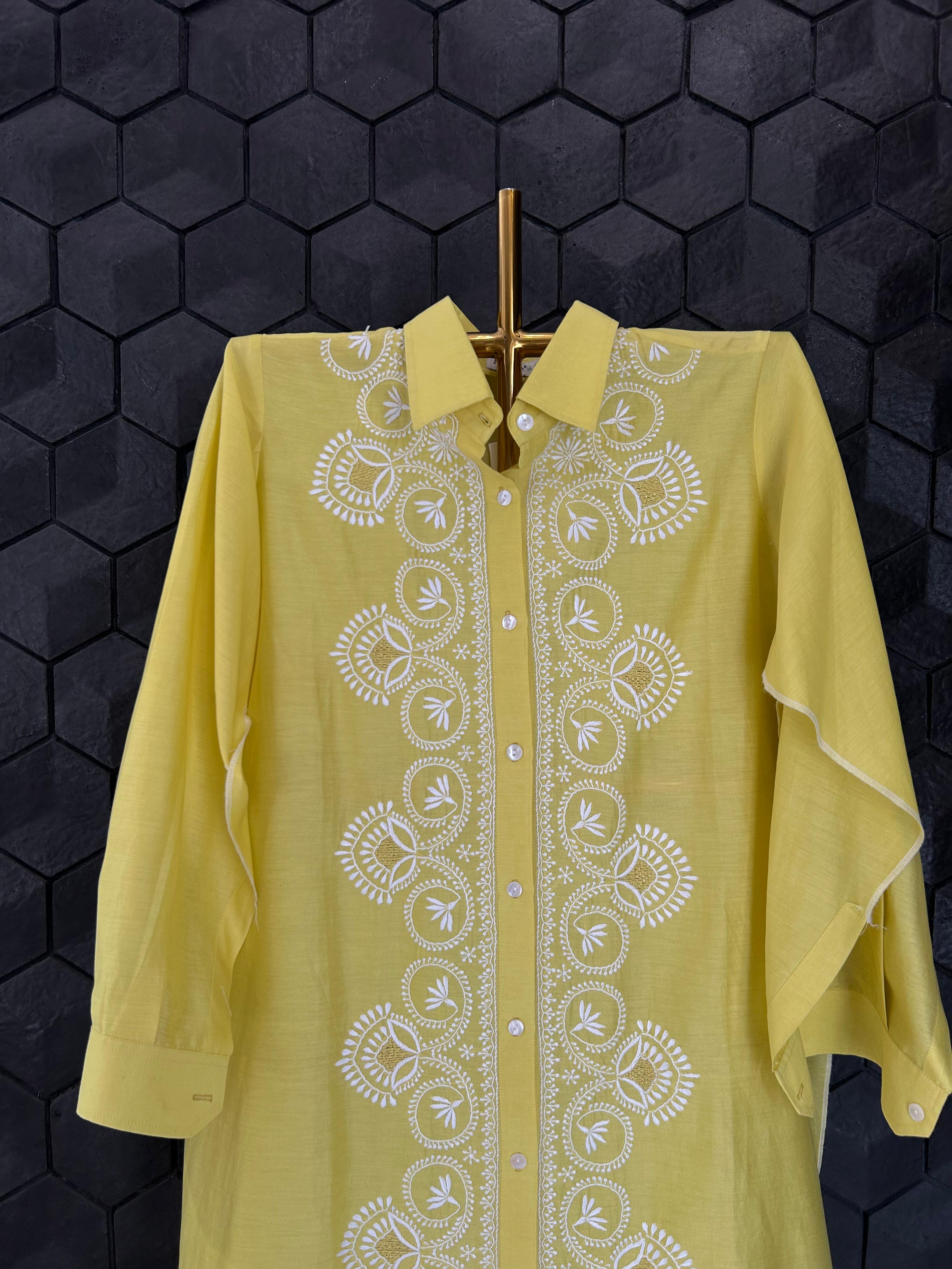 Yellow chanderi chikankari shirt