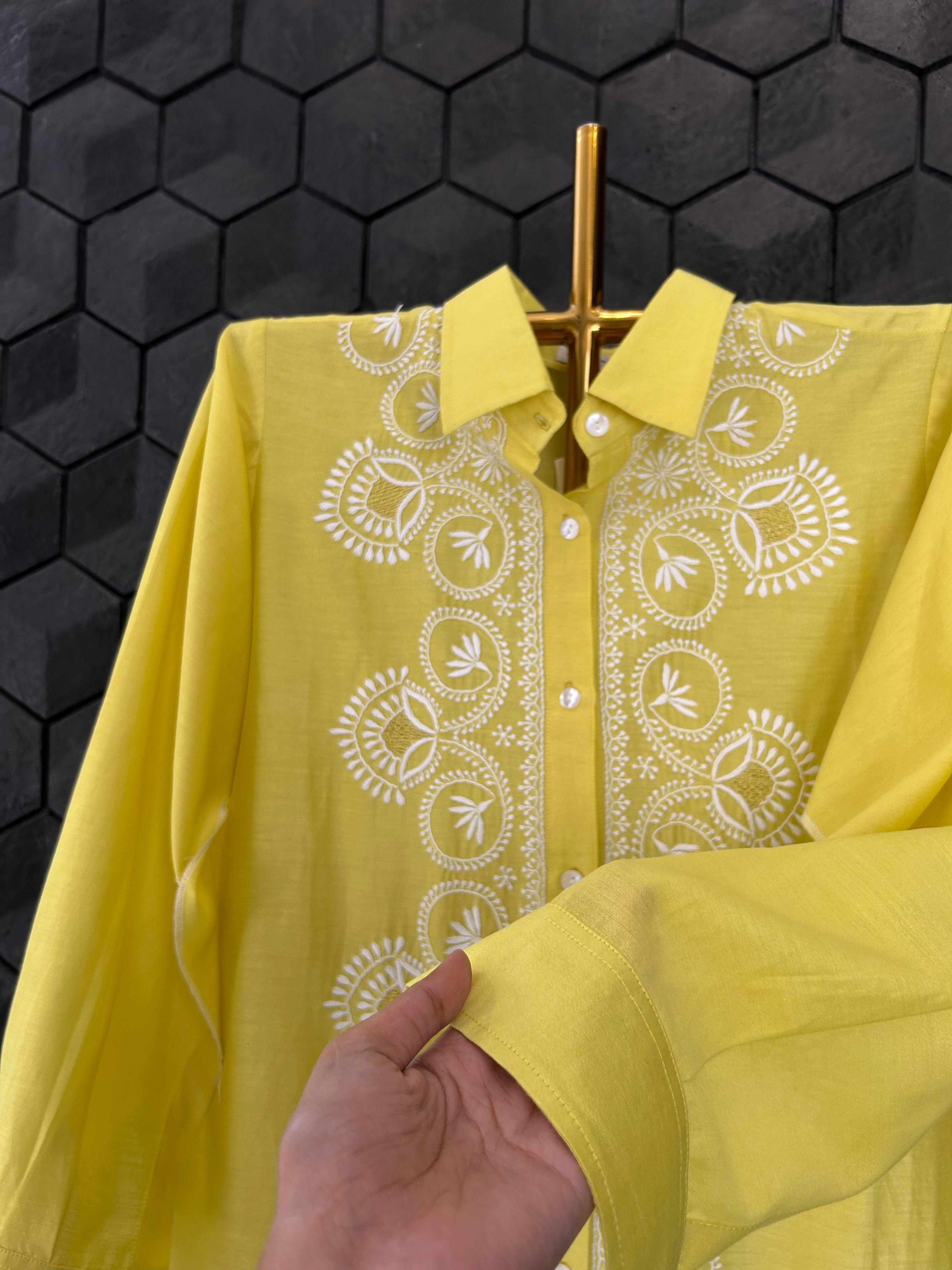 Yellow chanderi chikankari shirt