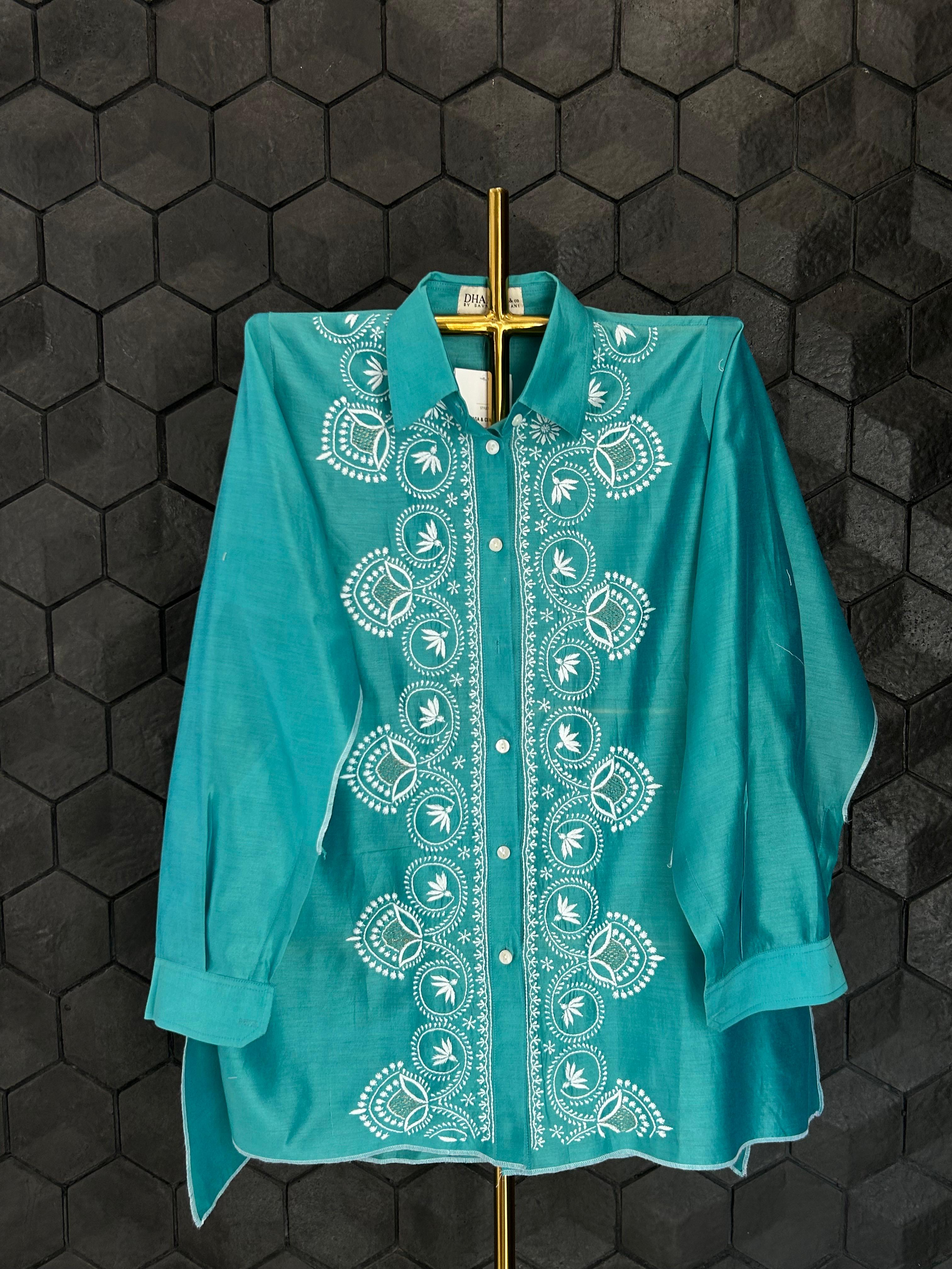 Green chanderi chikankari shirt