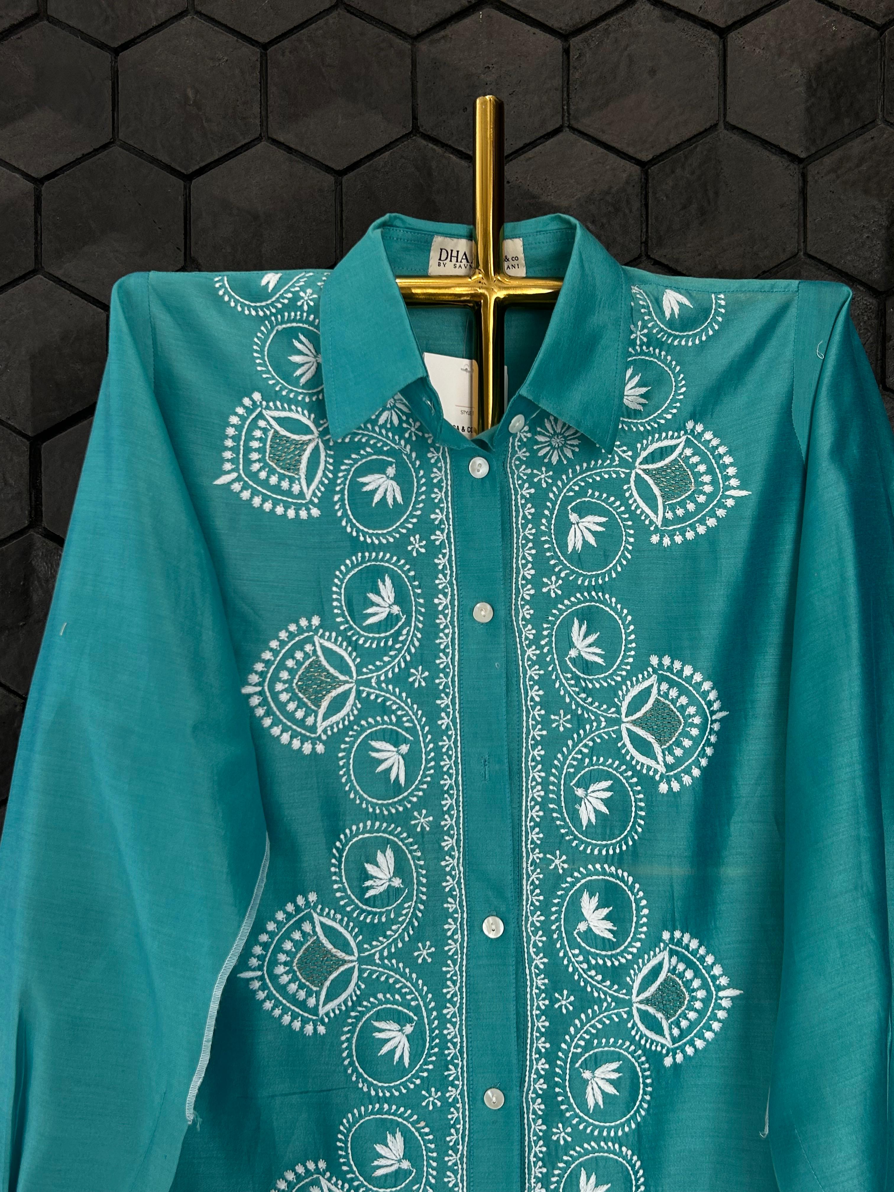 Green chanderi chikankari shirt