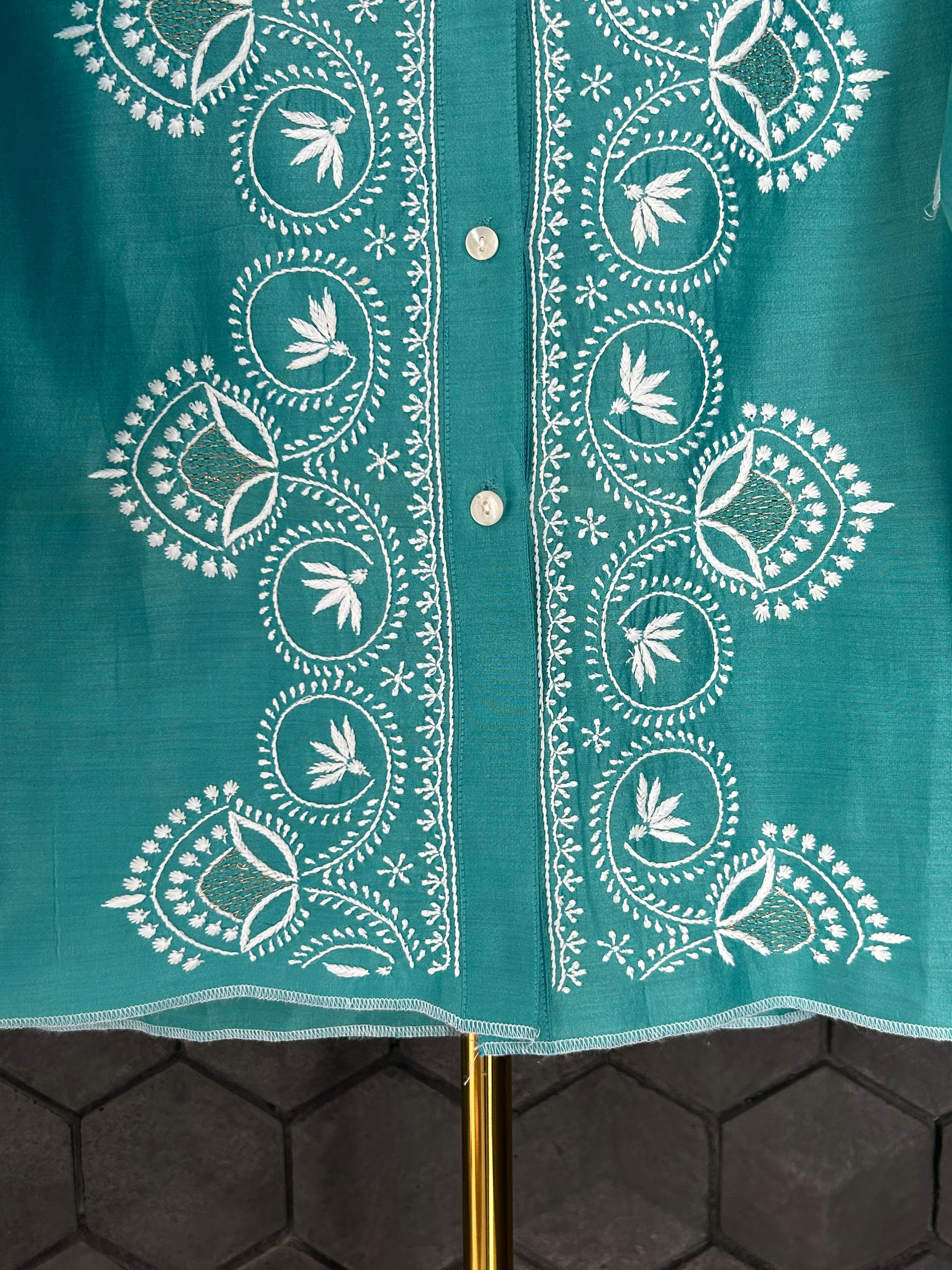 Green chanderi chikankari shirt