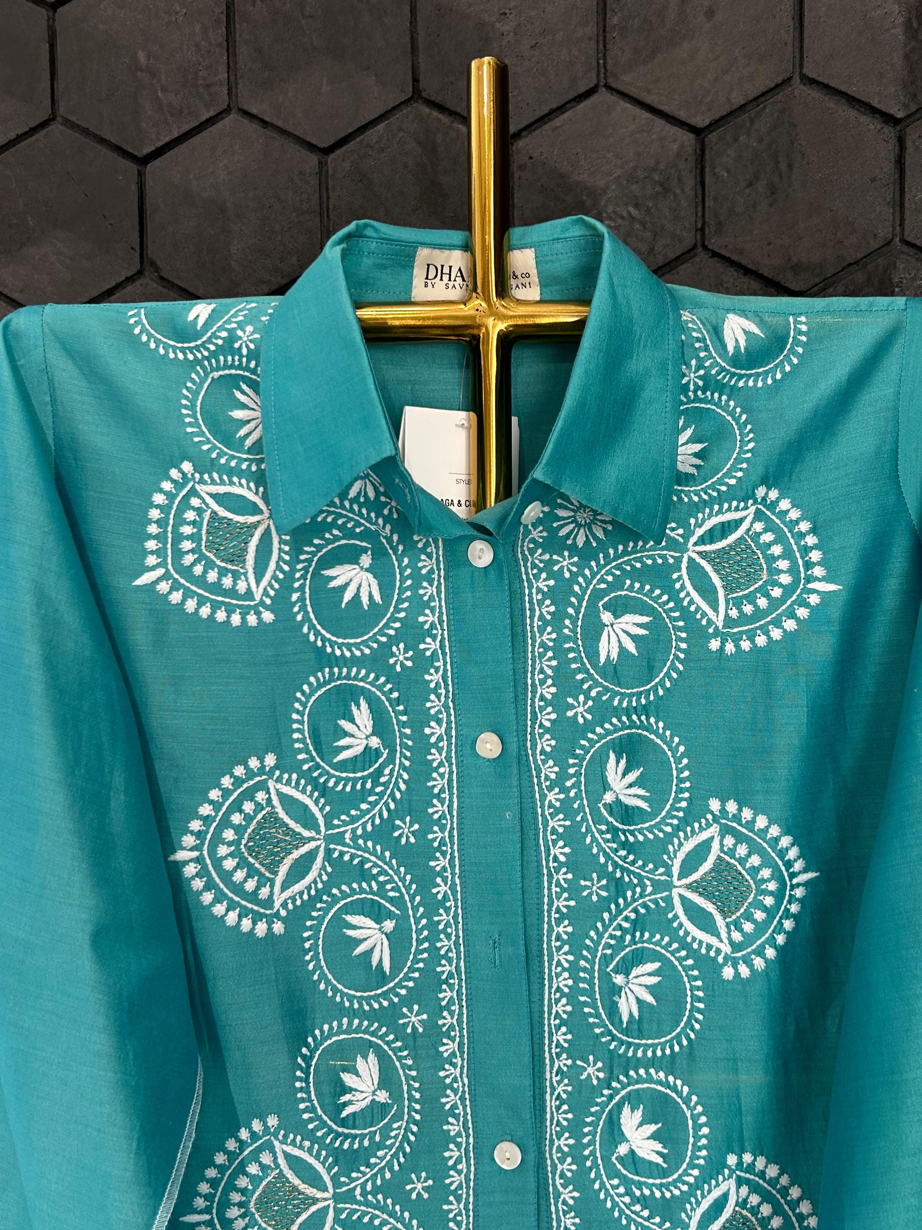 Green chanderi chikankari shirt