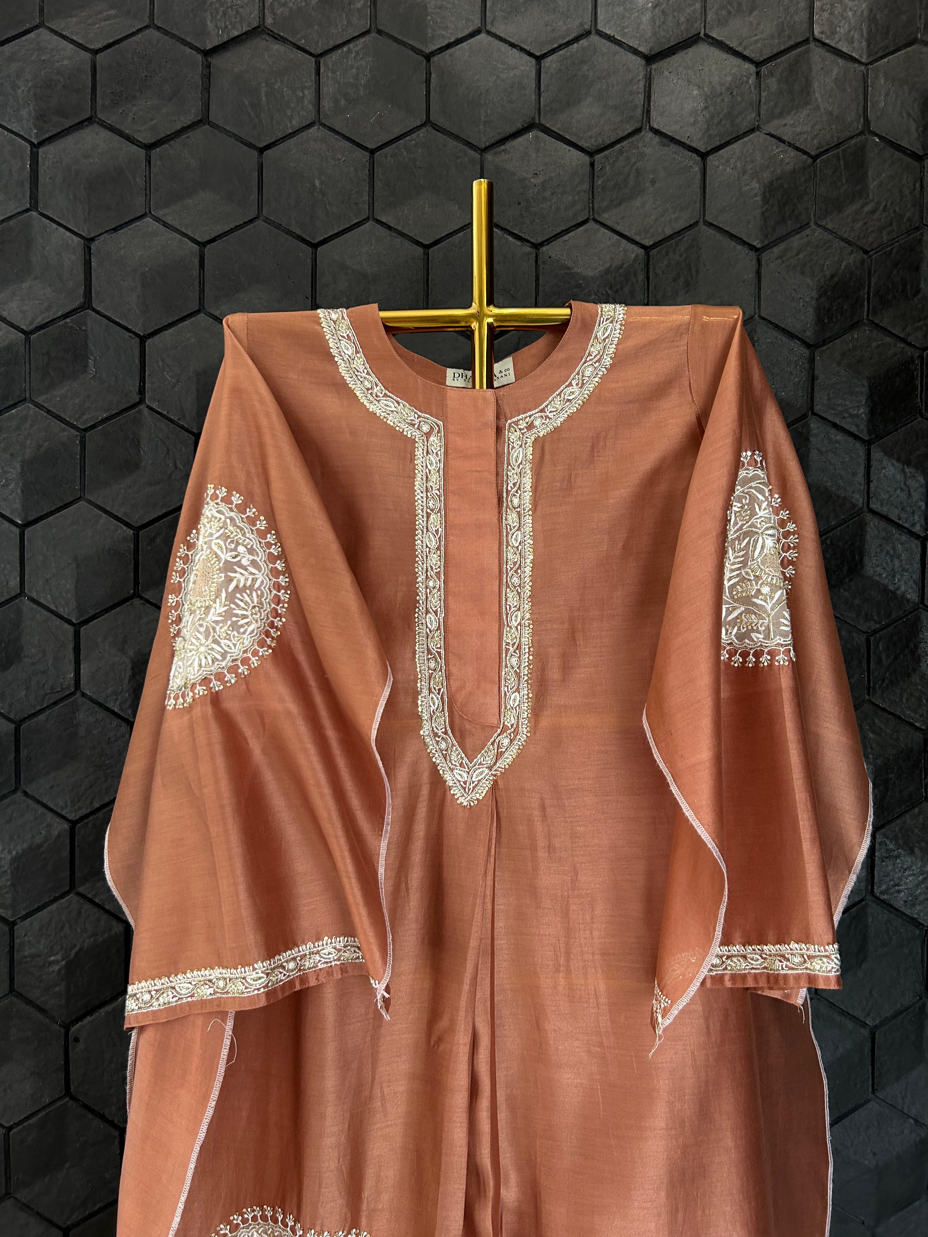 Brown chanderi chikankari co-ord set