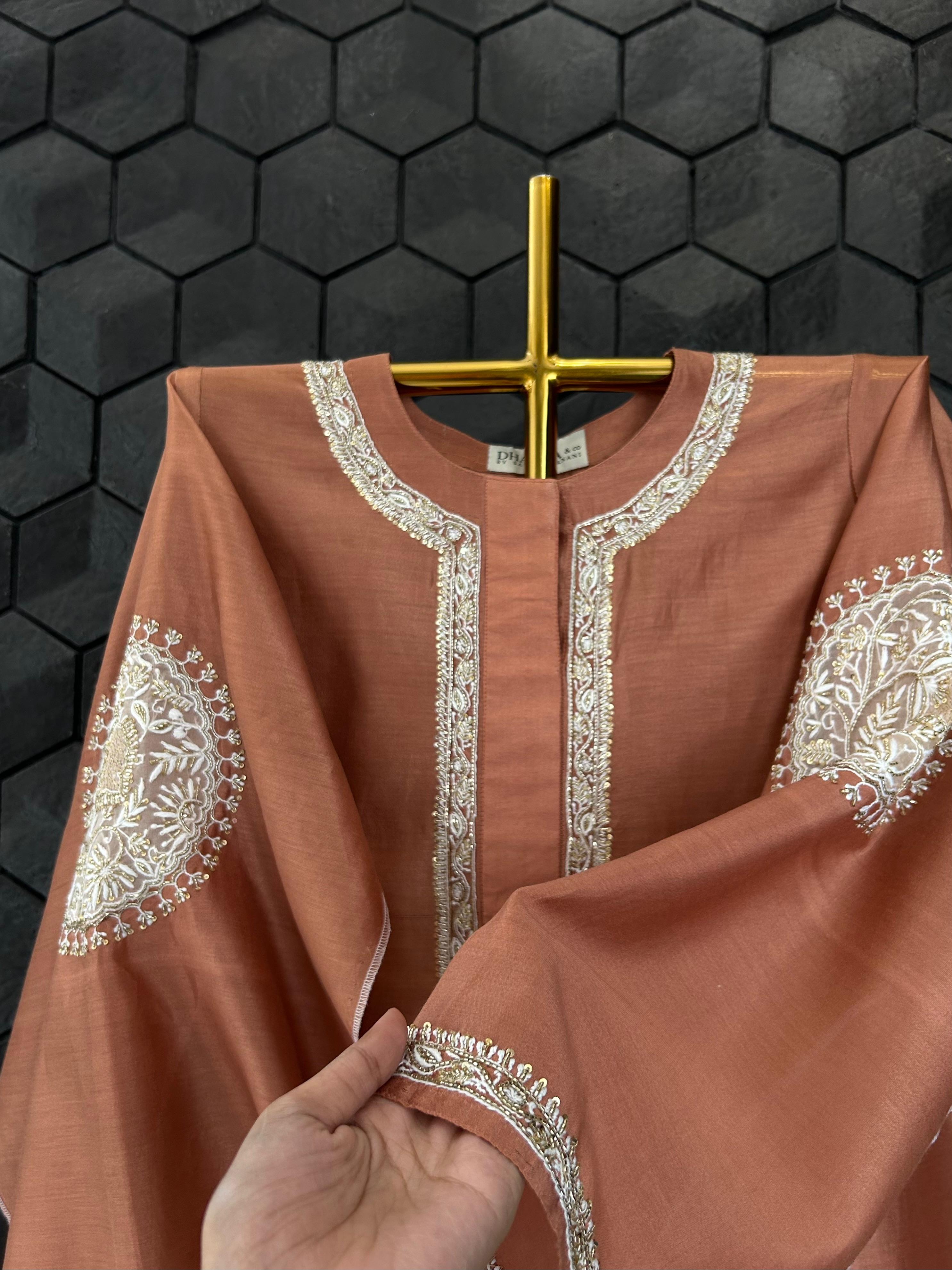 Brown chanderi chikankari co-ord set