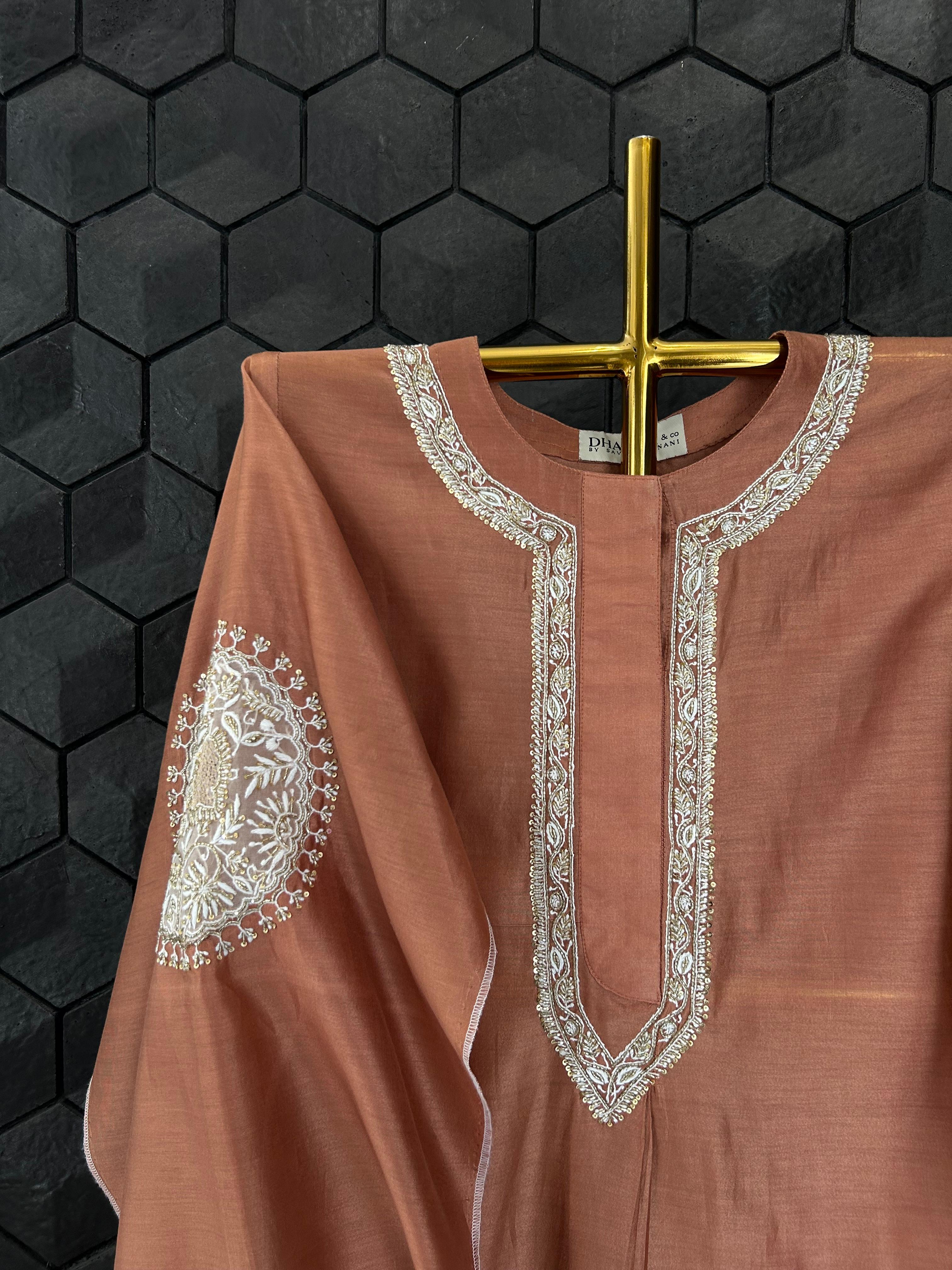 Brown chanderi chikankari co-ord set