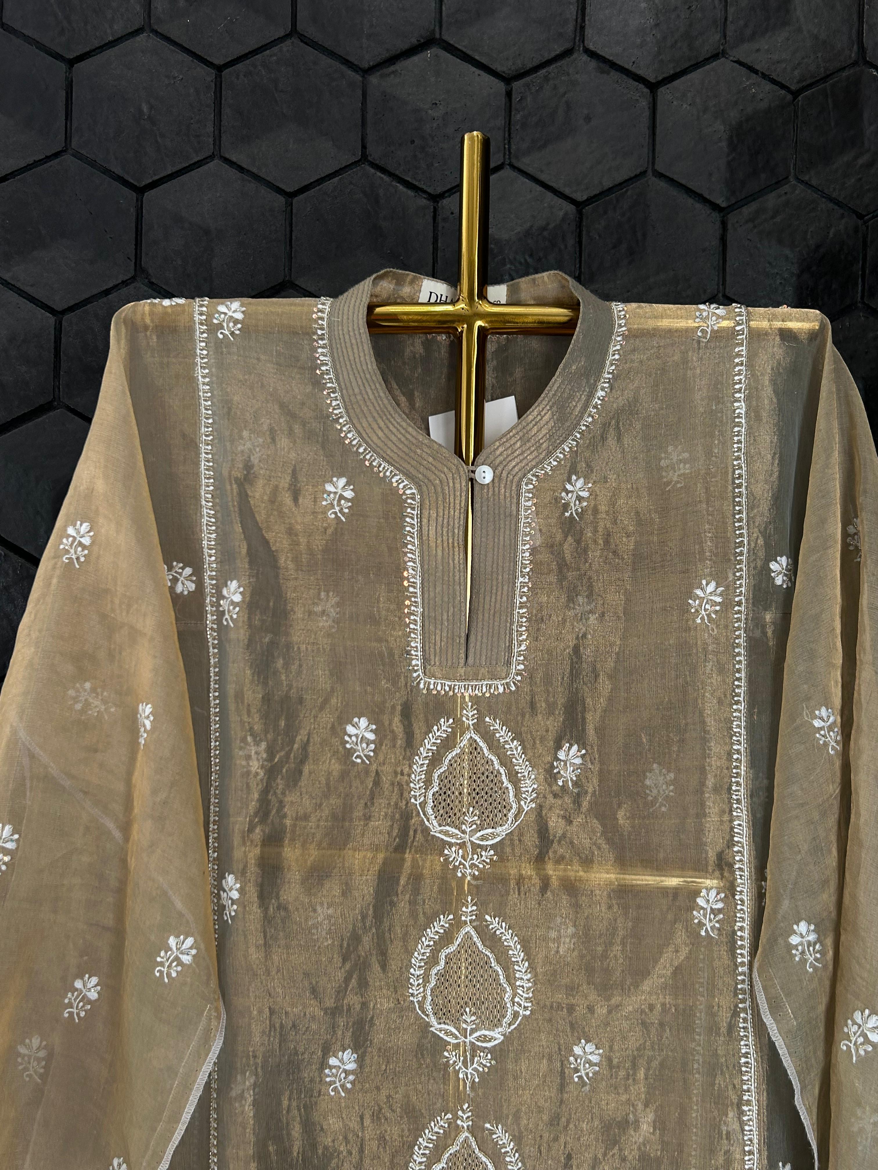 Golden tissue chikankari co-ord set