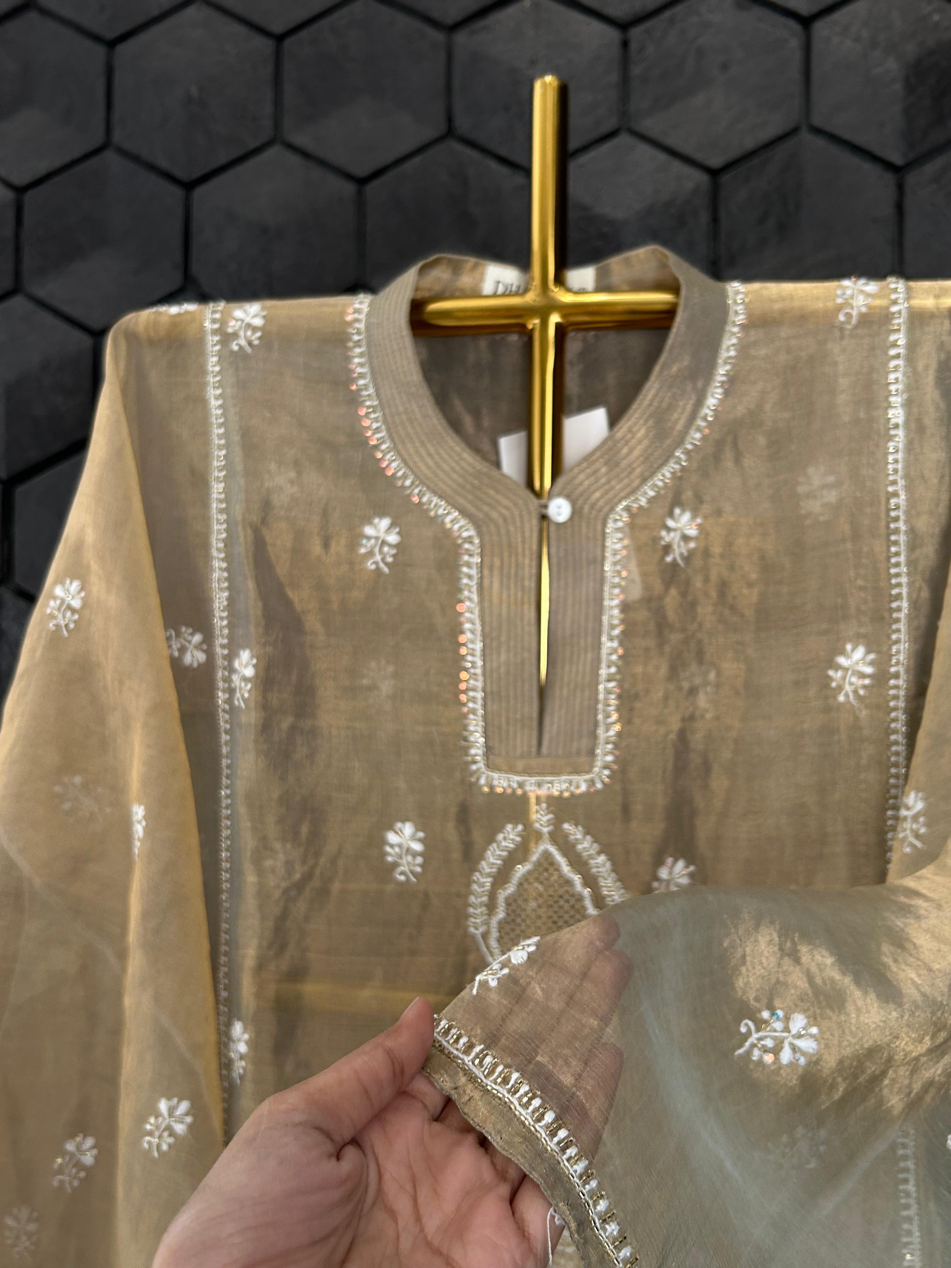 Golden tissue chikankari co-ord set