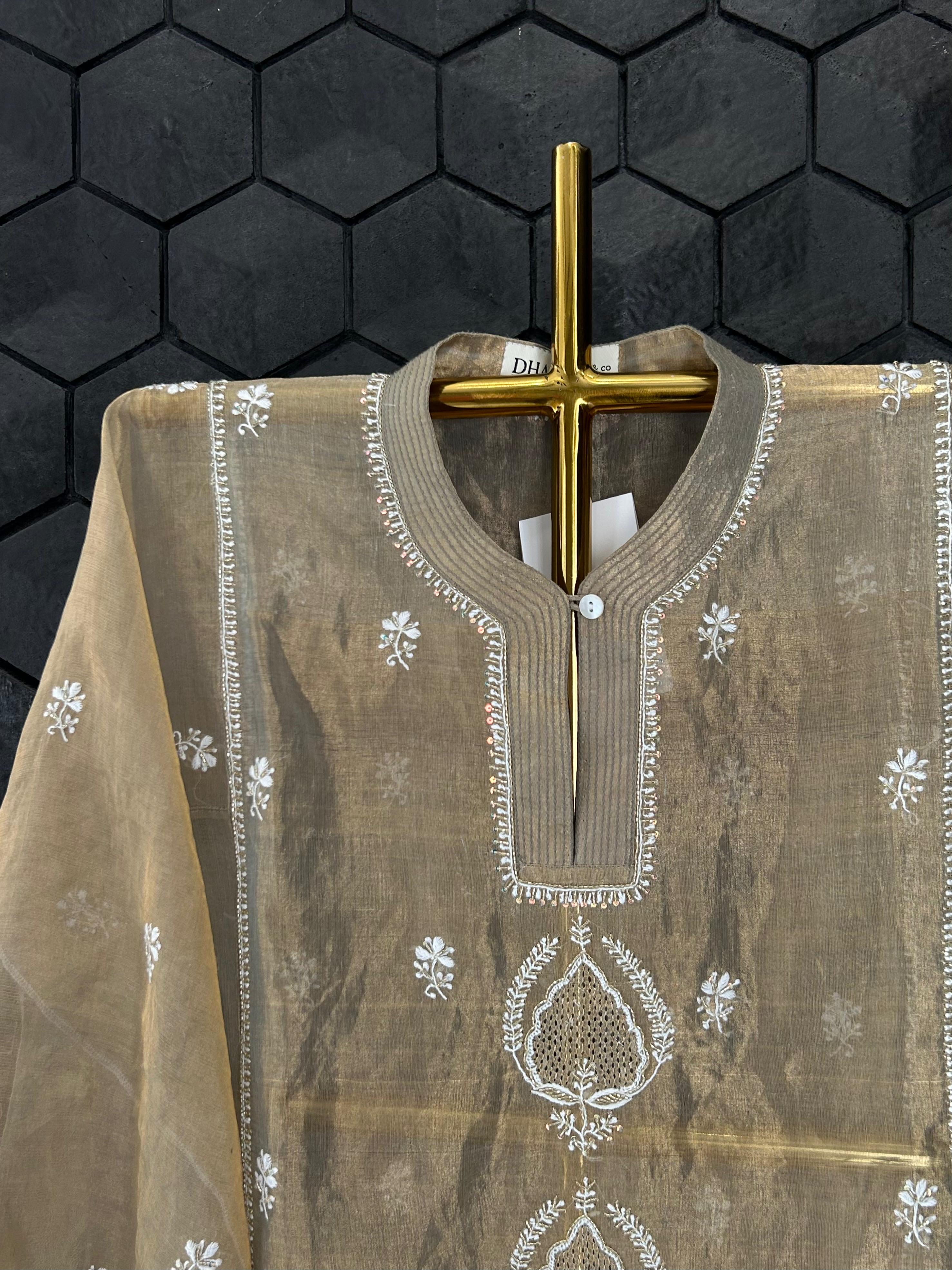 Golden tissue chikankari co-ord set