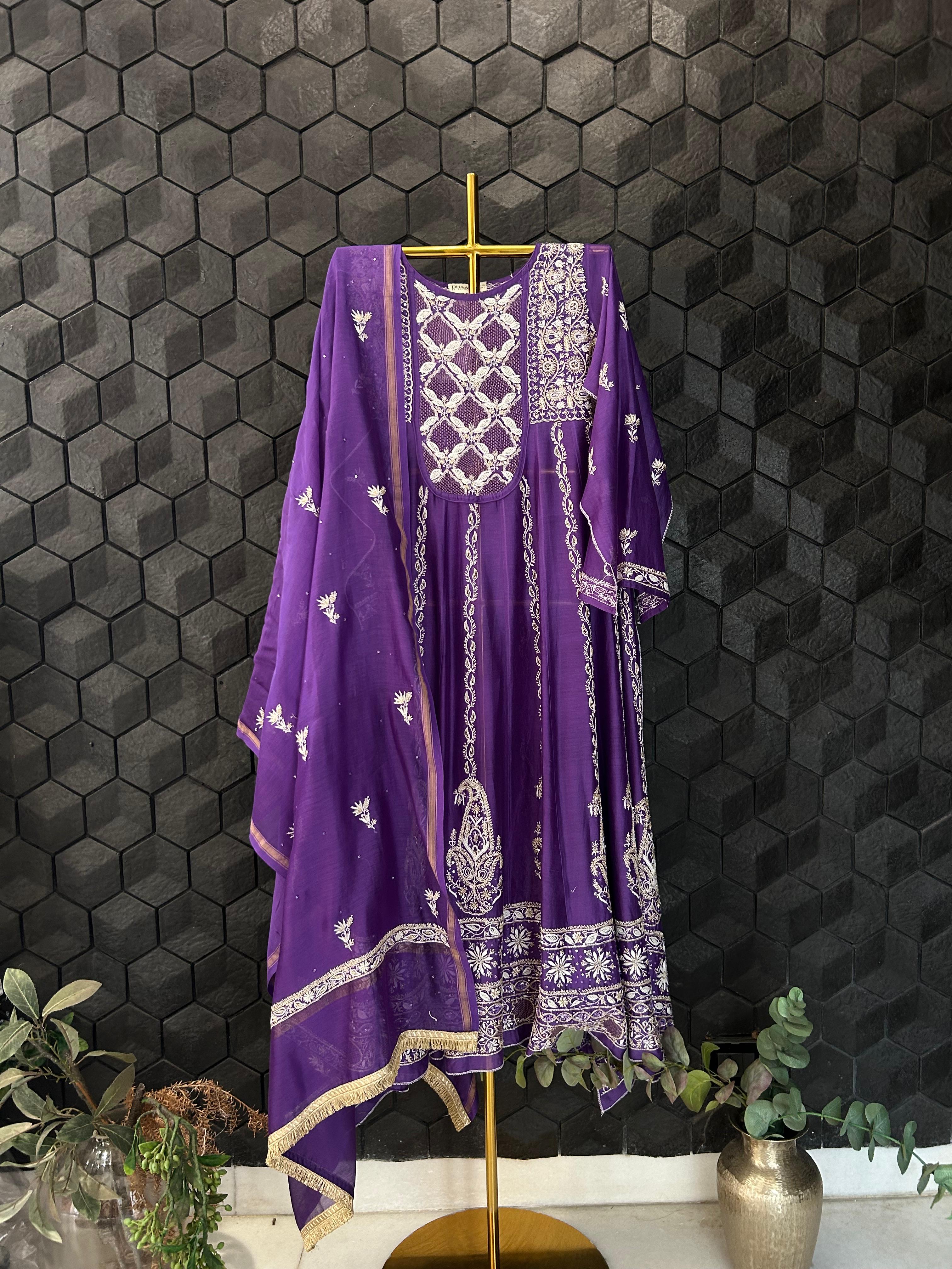Purple chanderi chikankari anarkali set