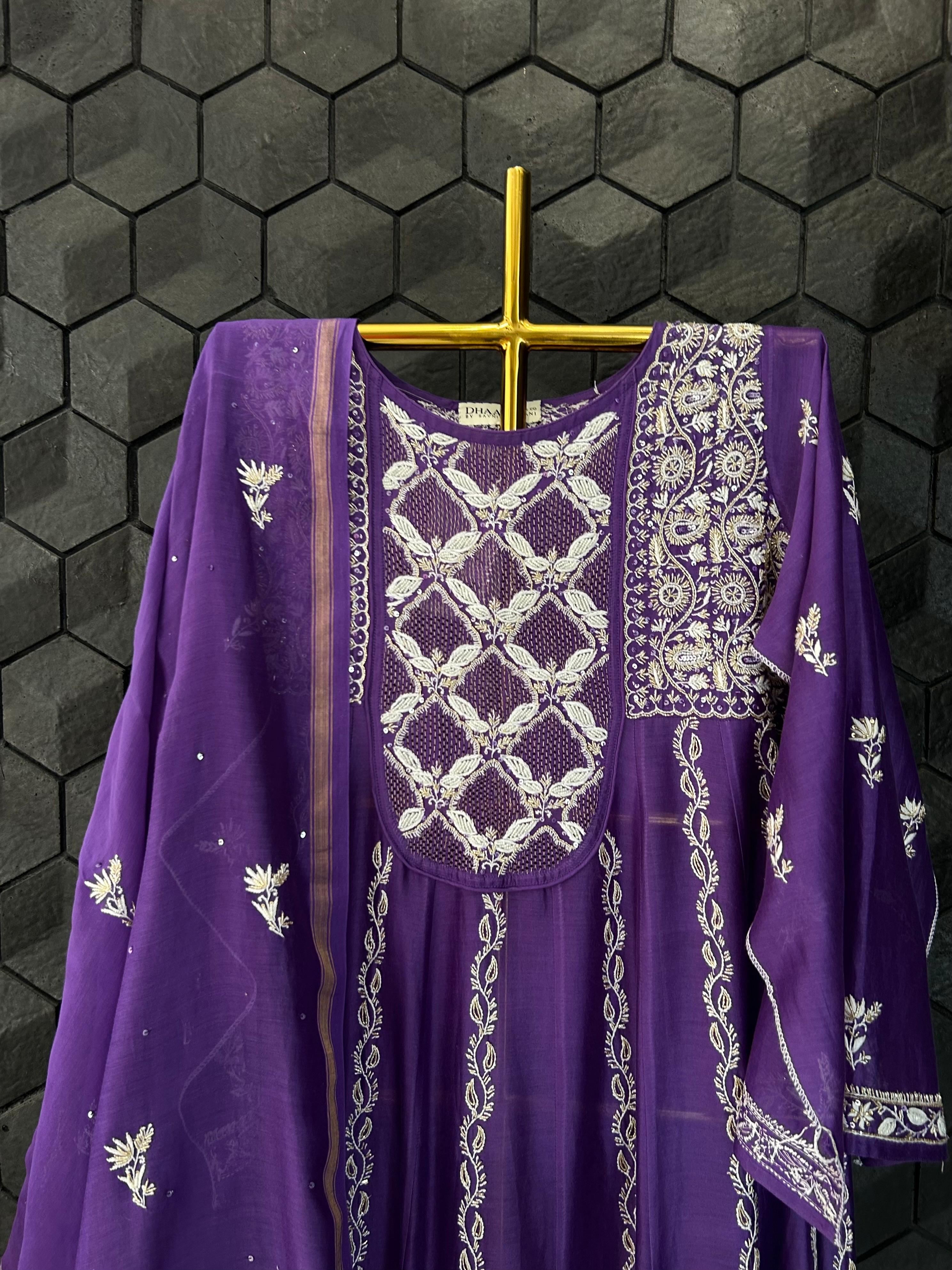 Purple chanderi chikankari anarkali set