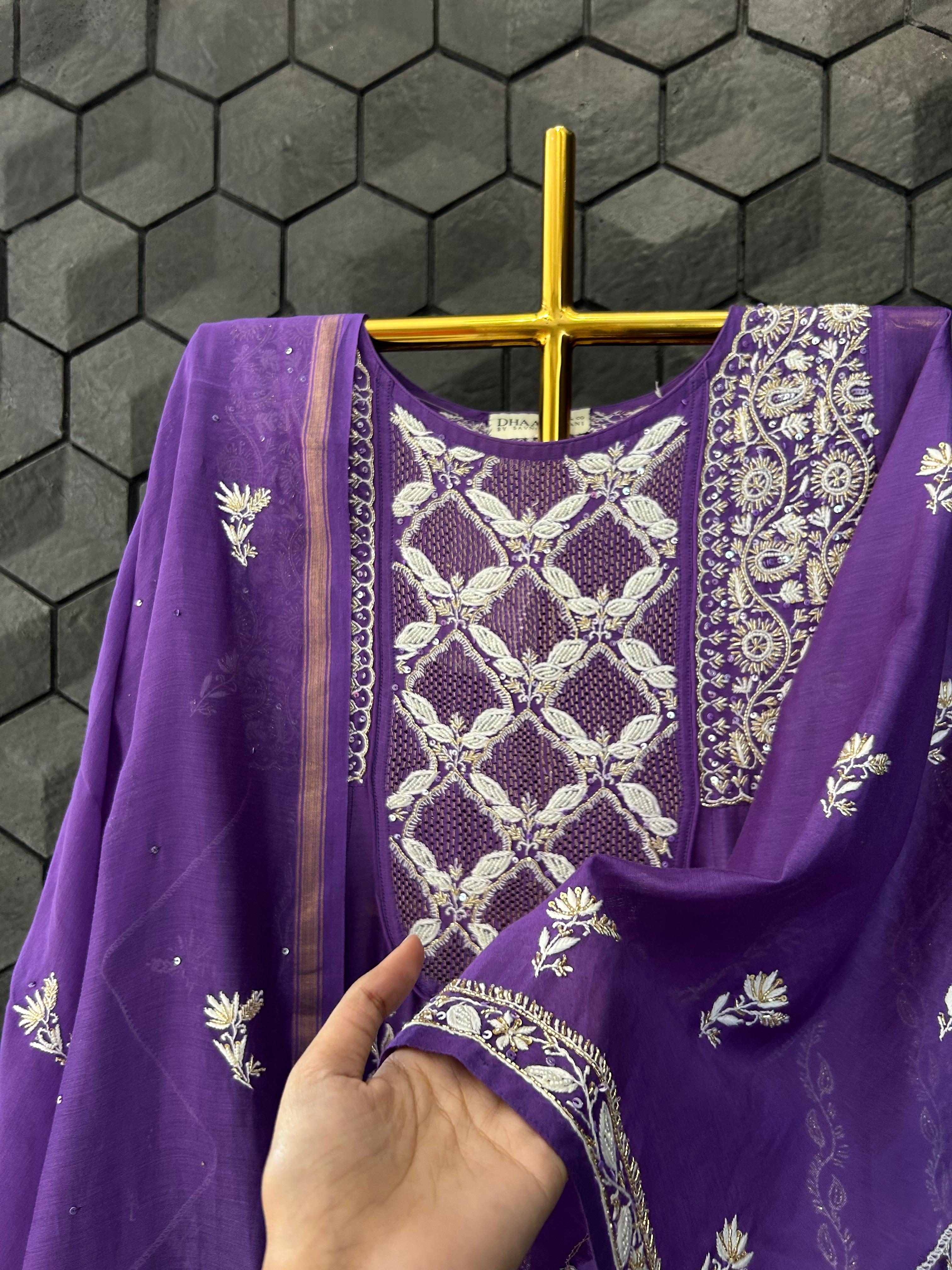Purple chanderi chikankari anarkali set