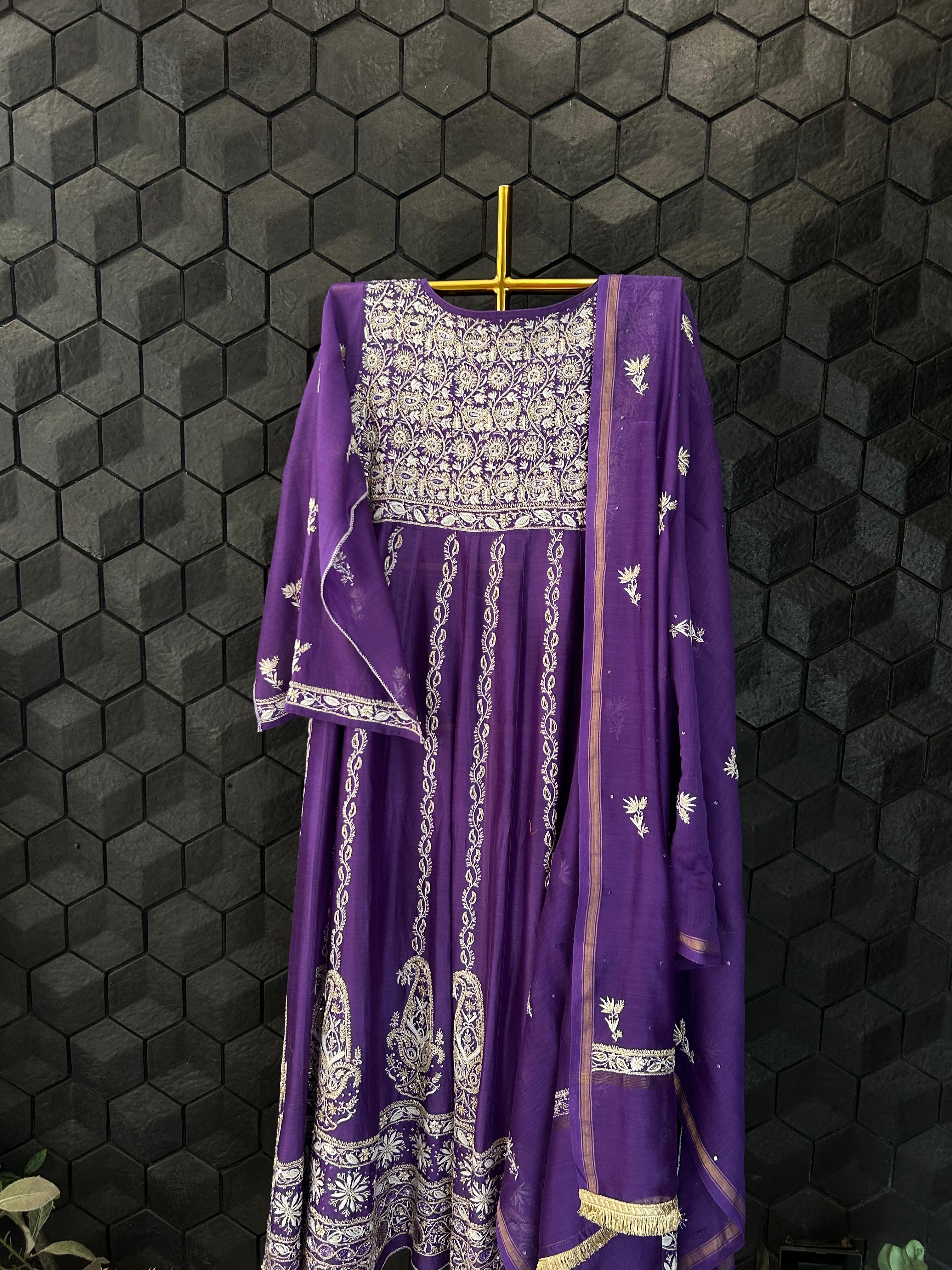 Purple chanderi chikankari anarkali set