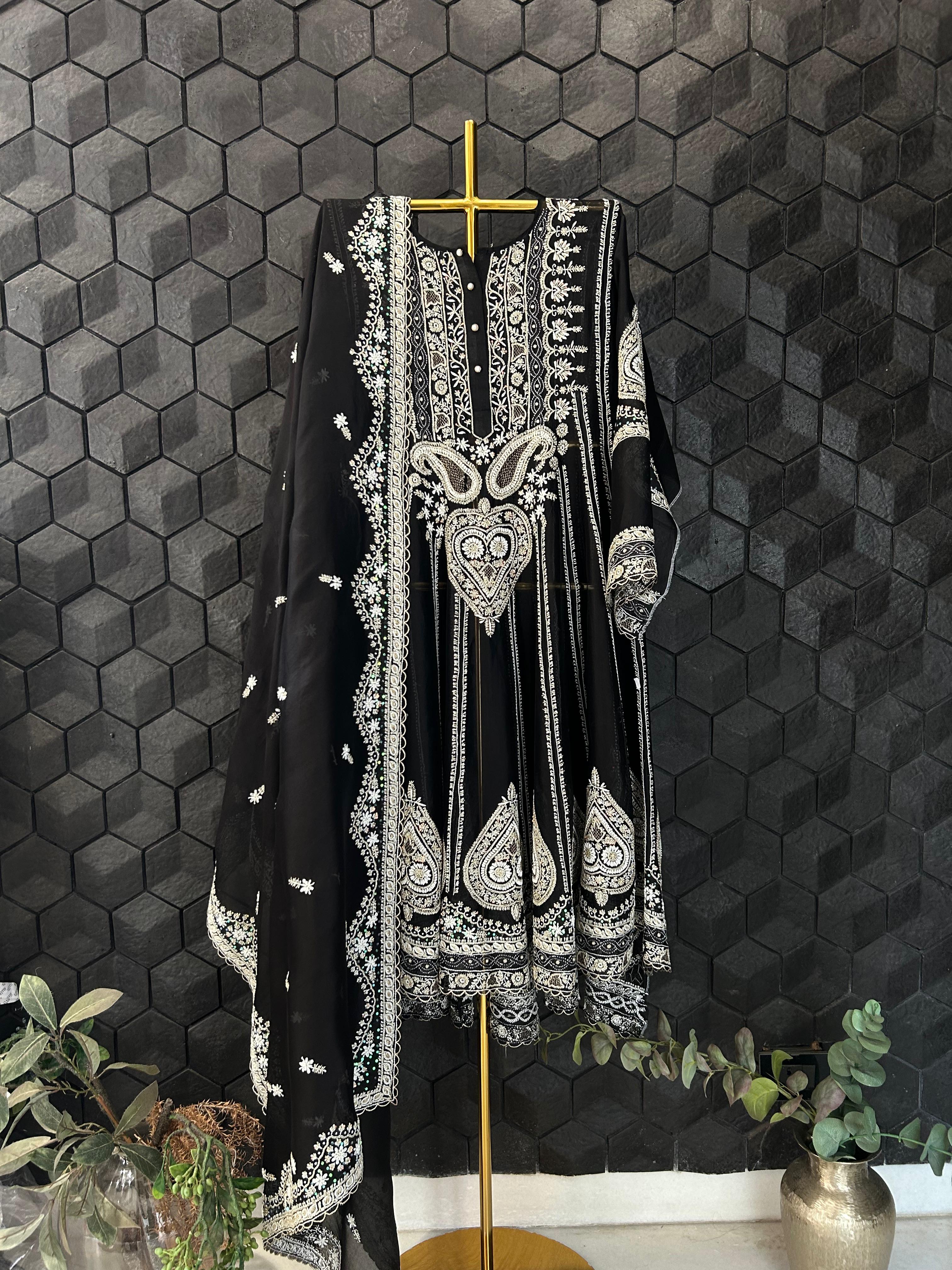 Black organza chikankari anarkali set