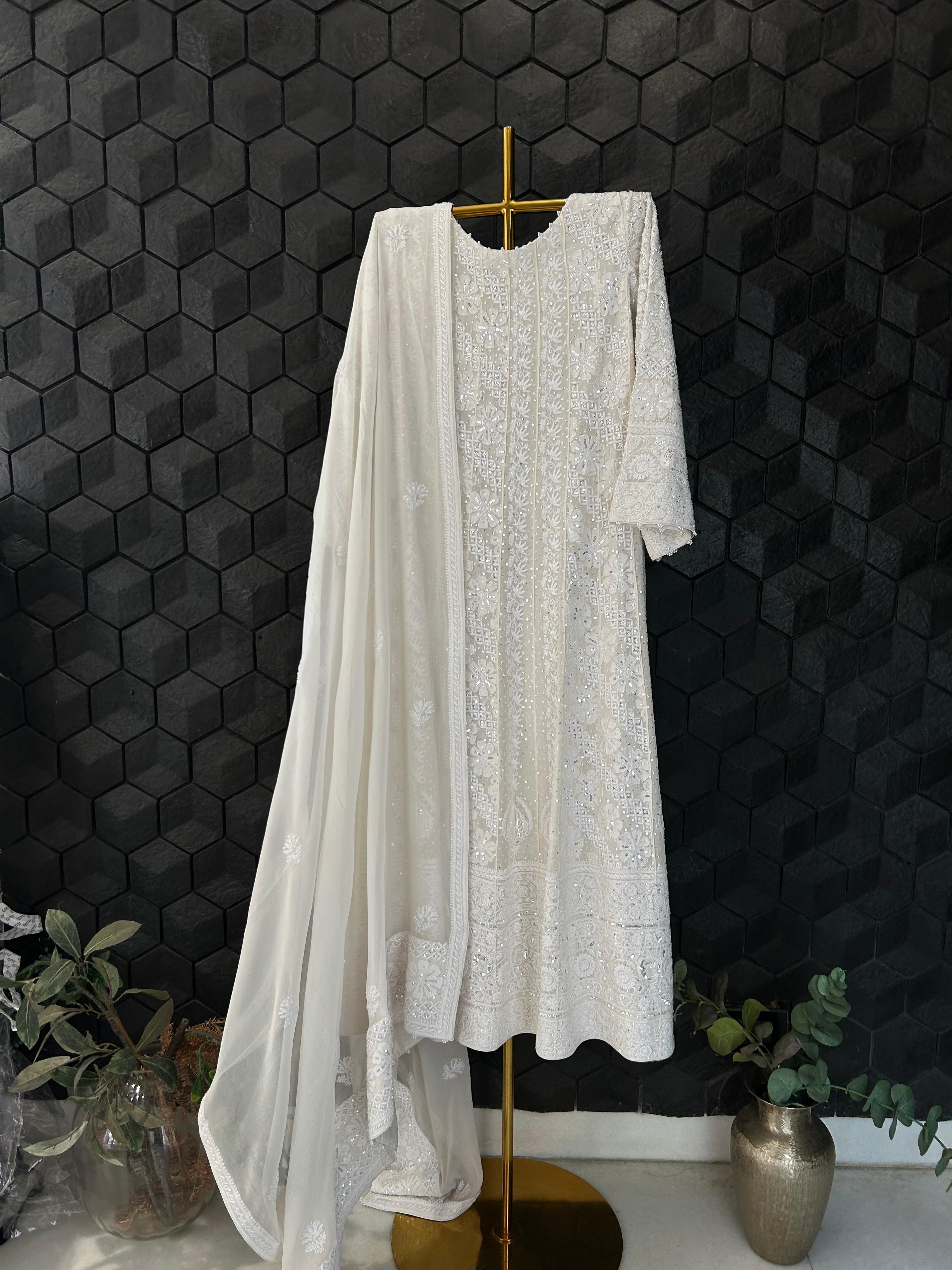 white georgette chikankari anarkali set