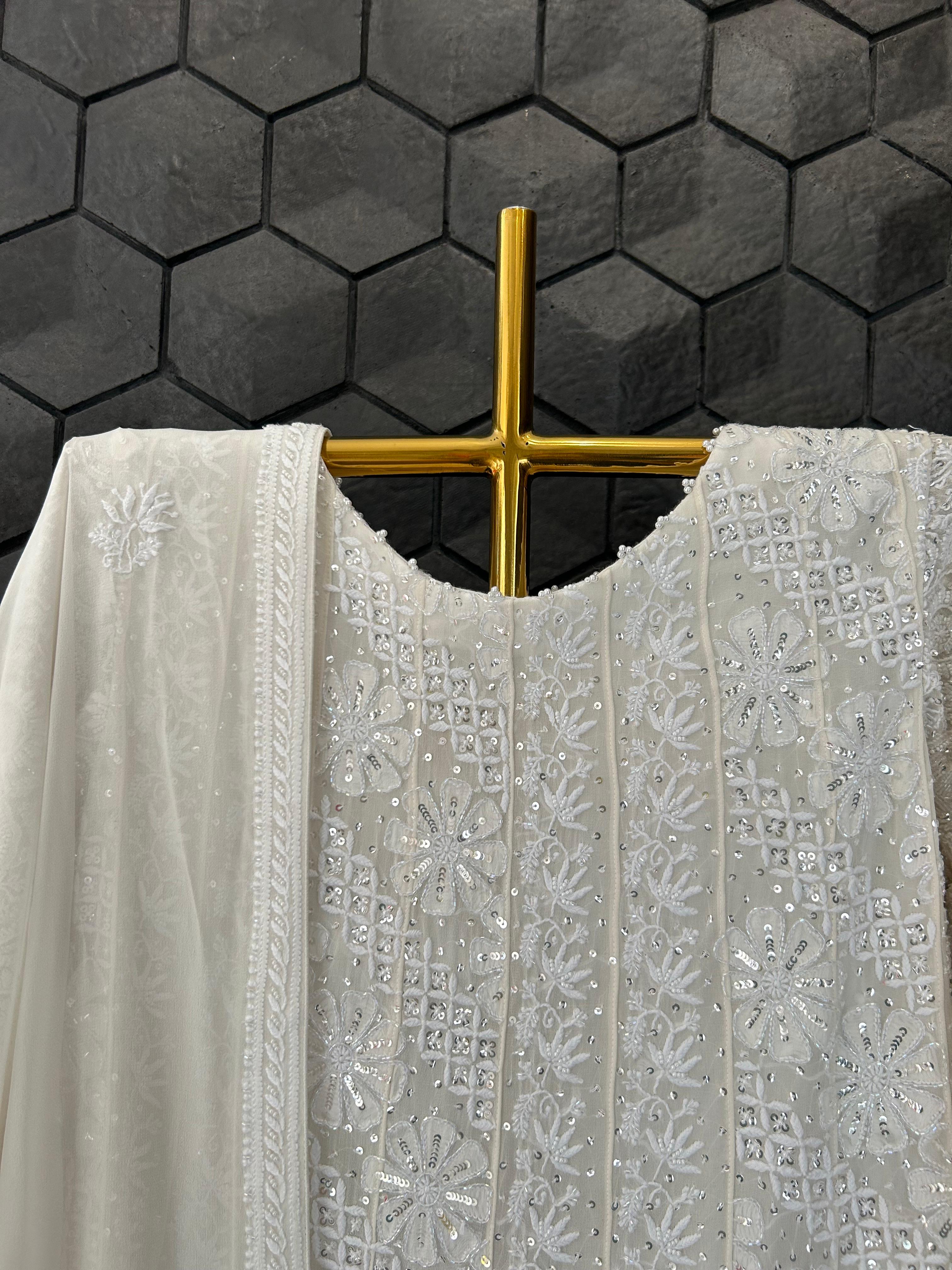 white georgette chikankari anarkali set