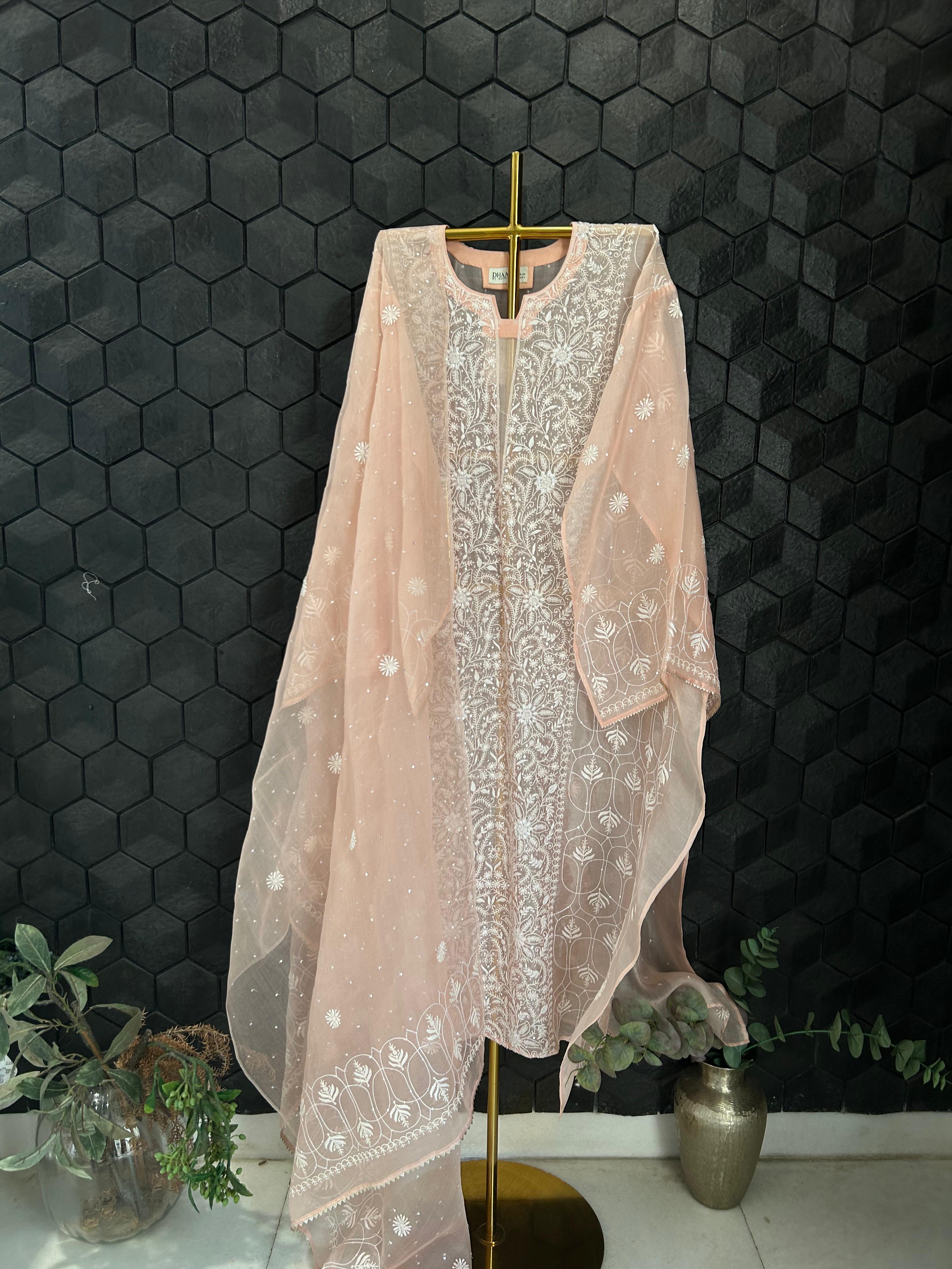 Peach organza chikankari kurta set