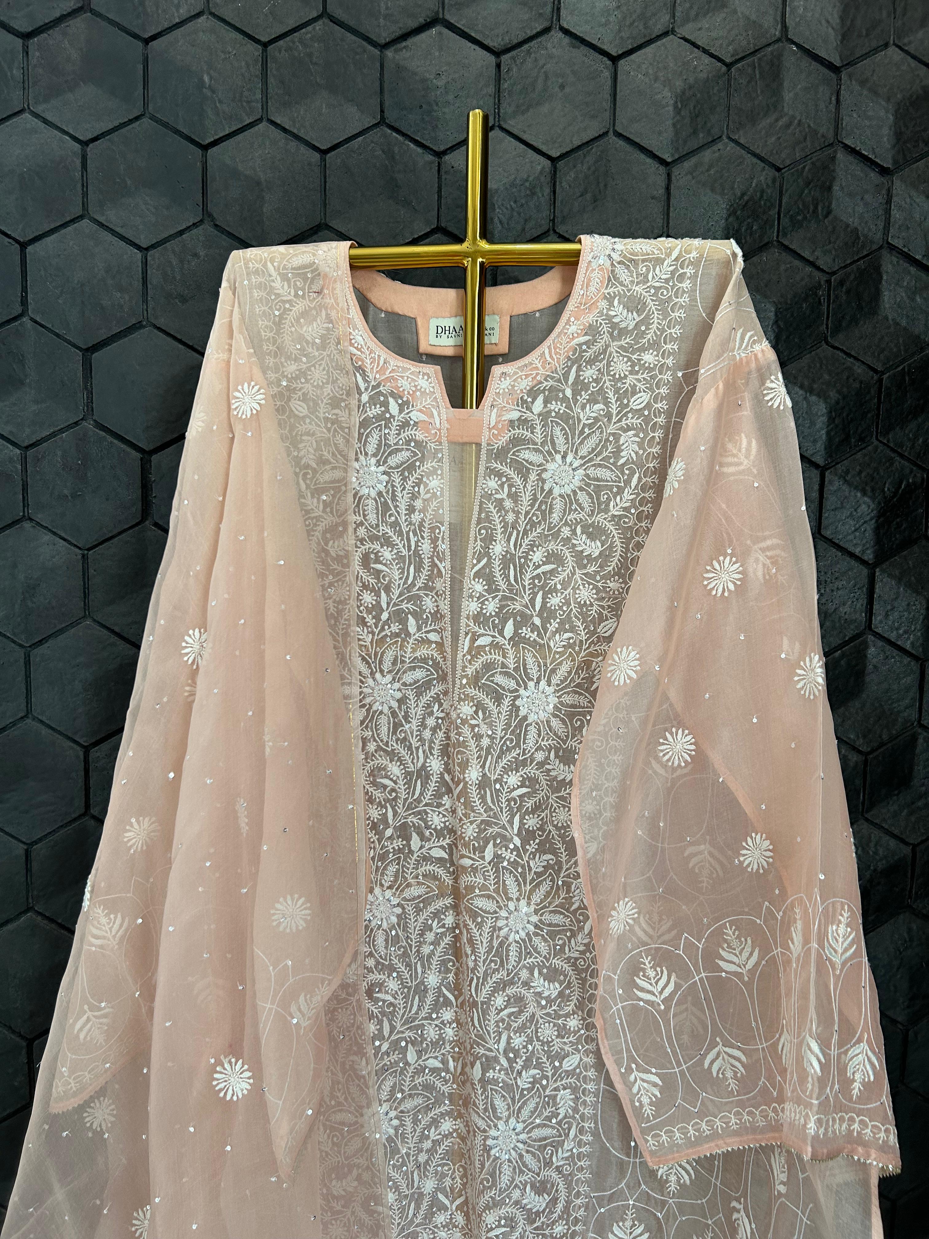 Peach organza chikankari kurta set