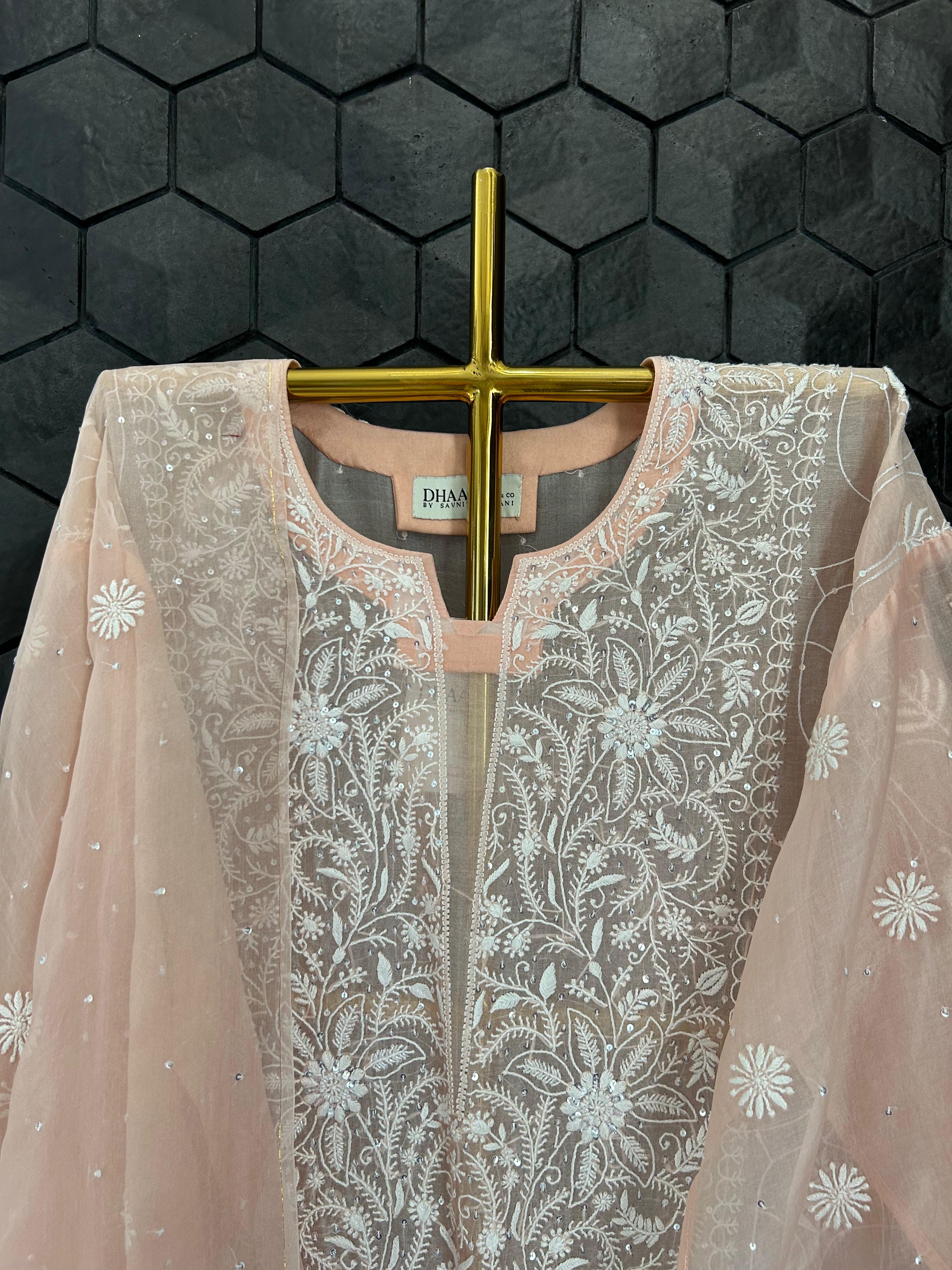 Peach organza chikankari kurta set