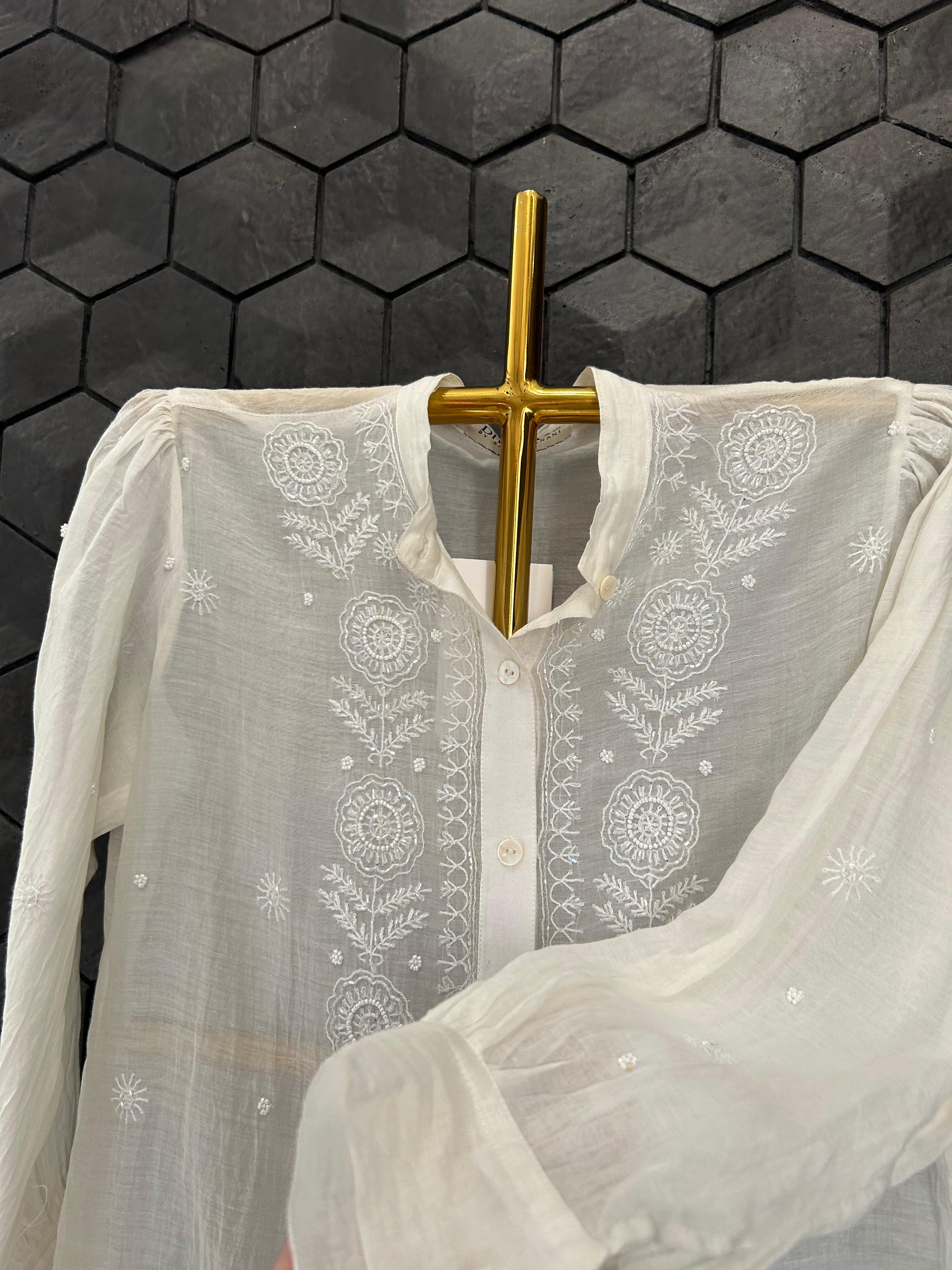 White mul chanderi chikankari co-ord set