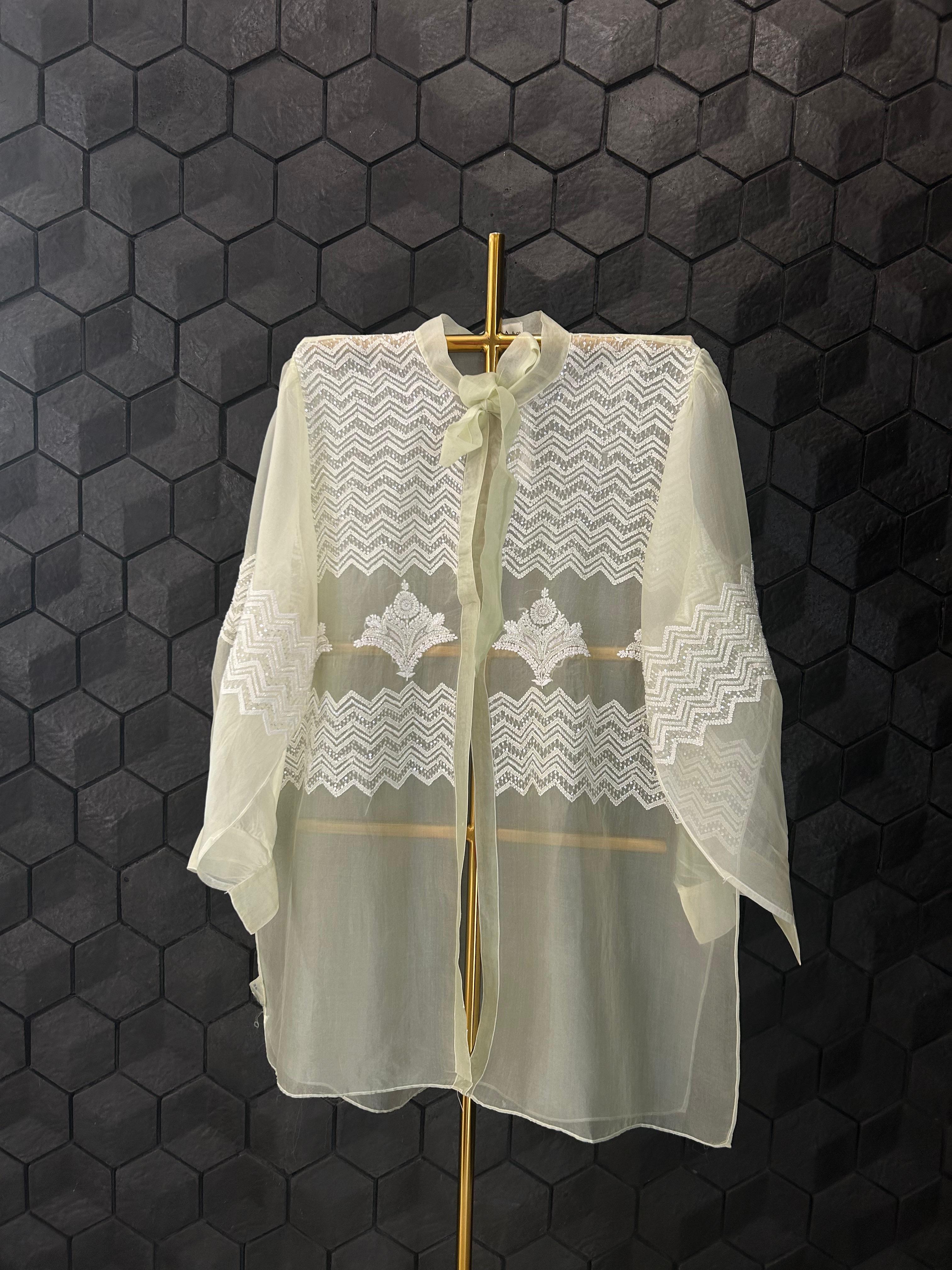 Green Organza Chikankari shirt