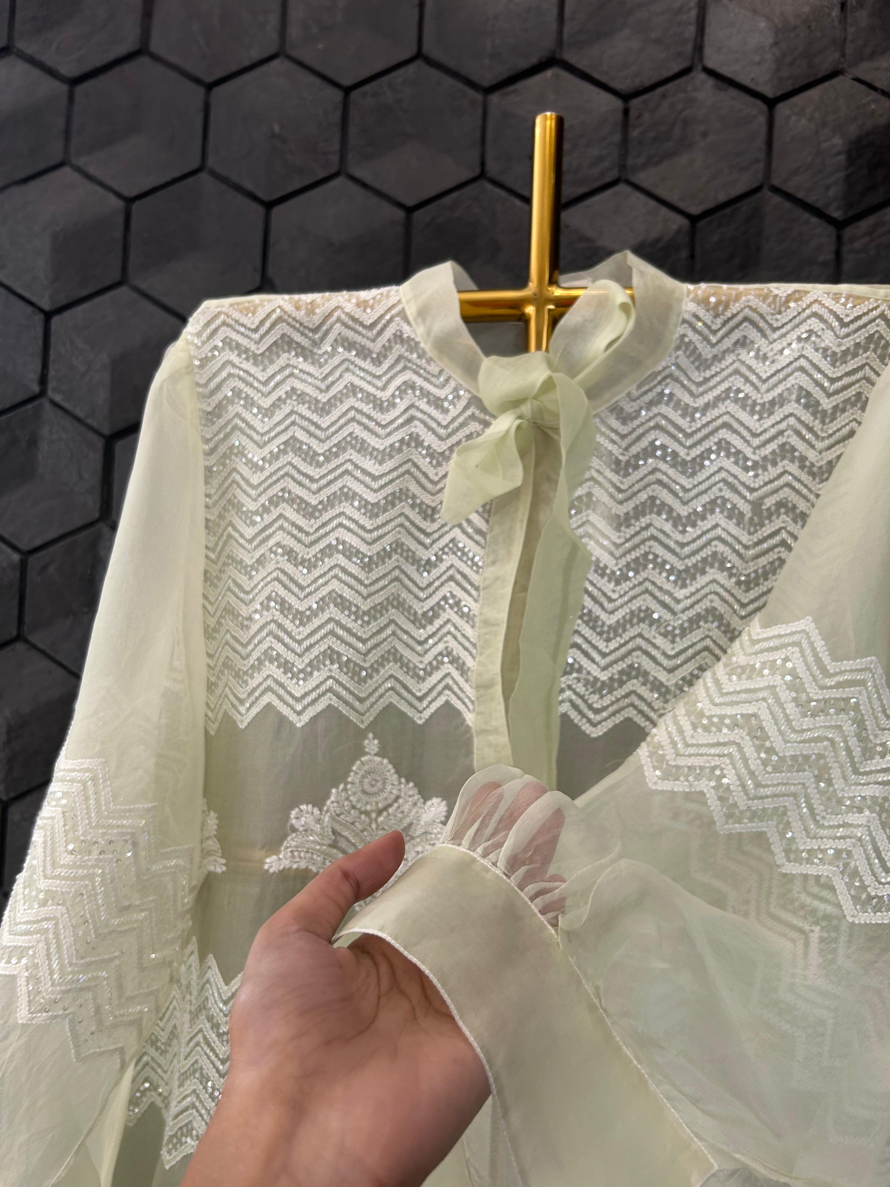 Green Organza Chikankari shirt