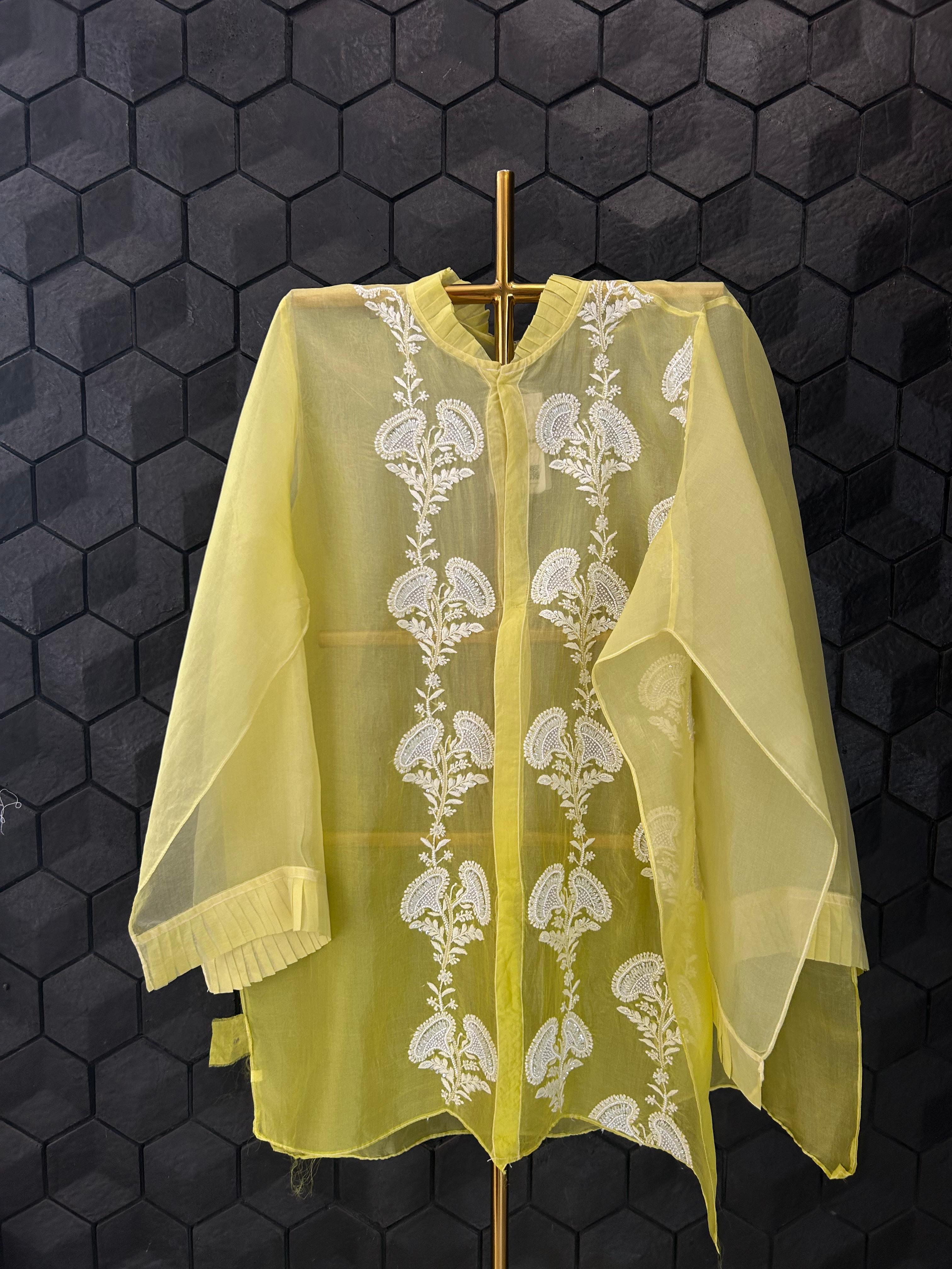 Lime green organza chikankari shirt