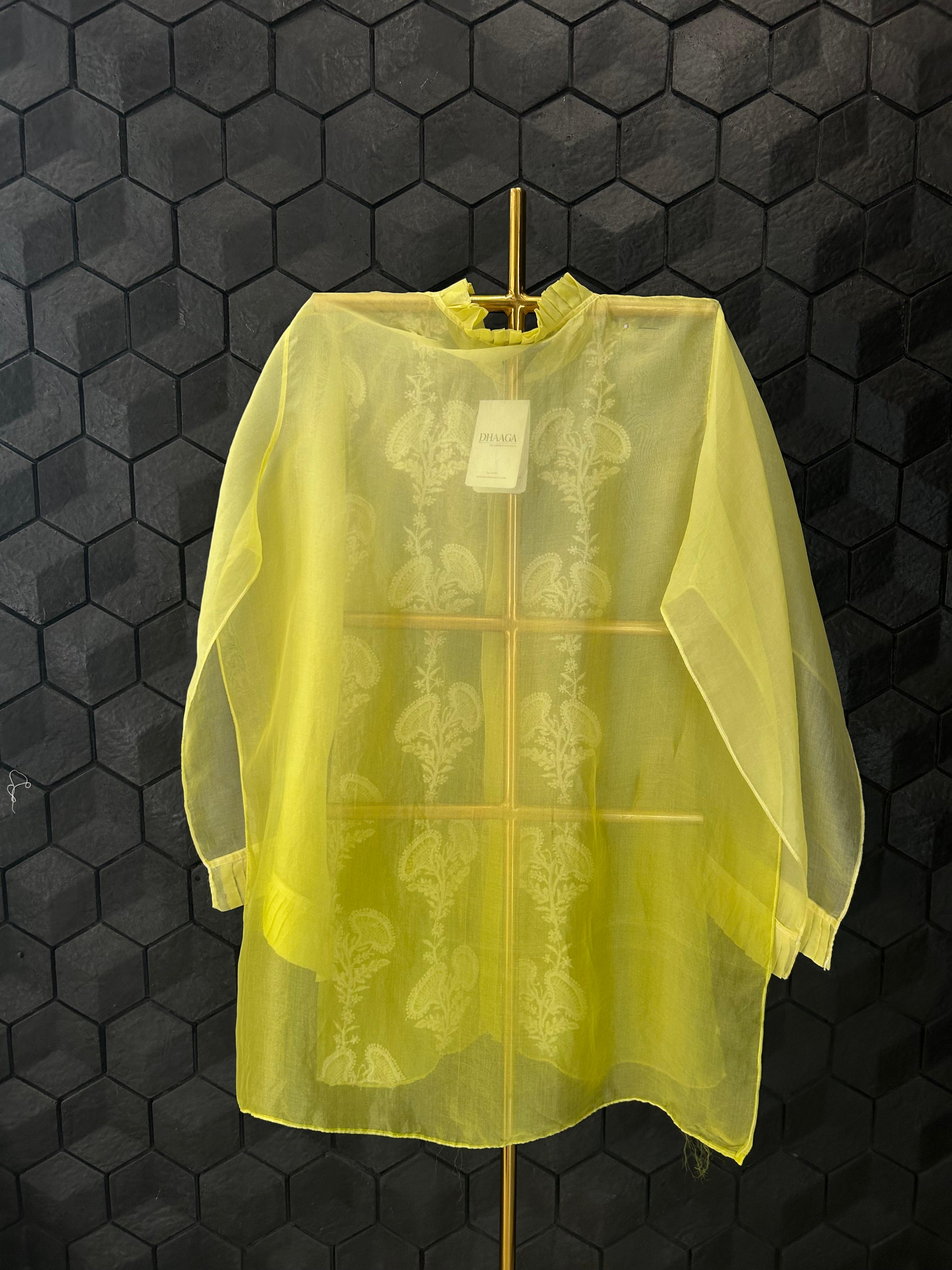 Lime green organza chikankari shirt